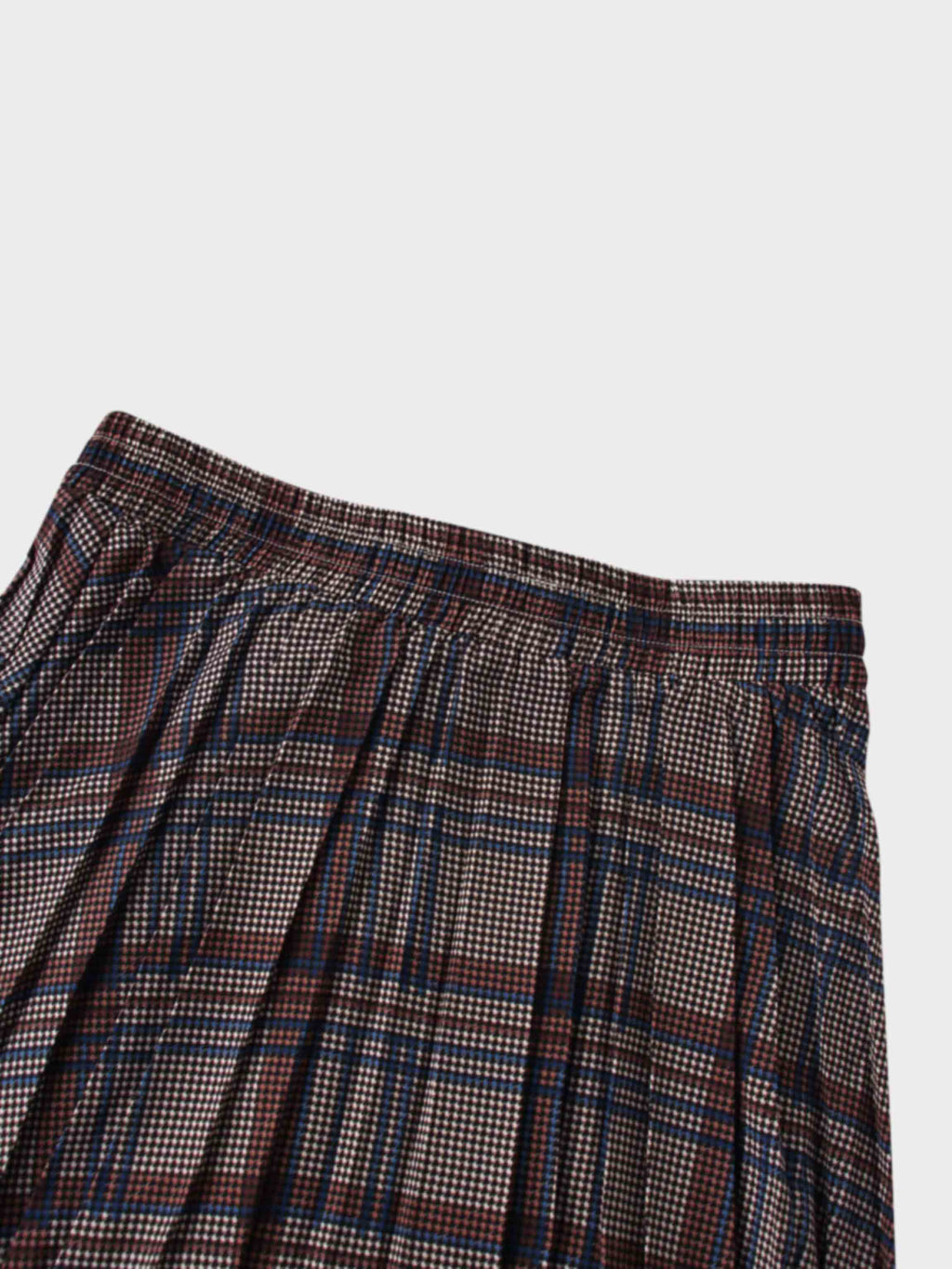 Covered Band Pleated Skirt-Brown/Blue Plaid