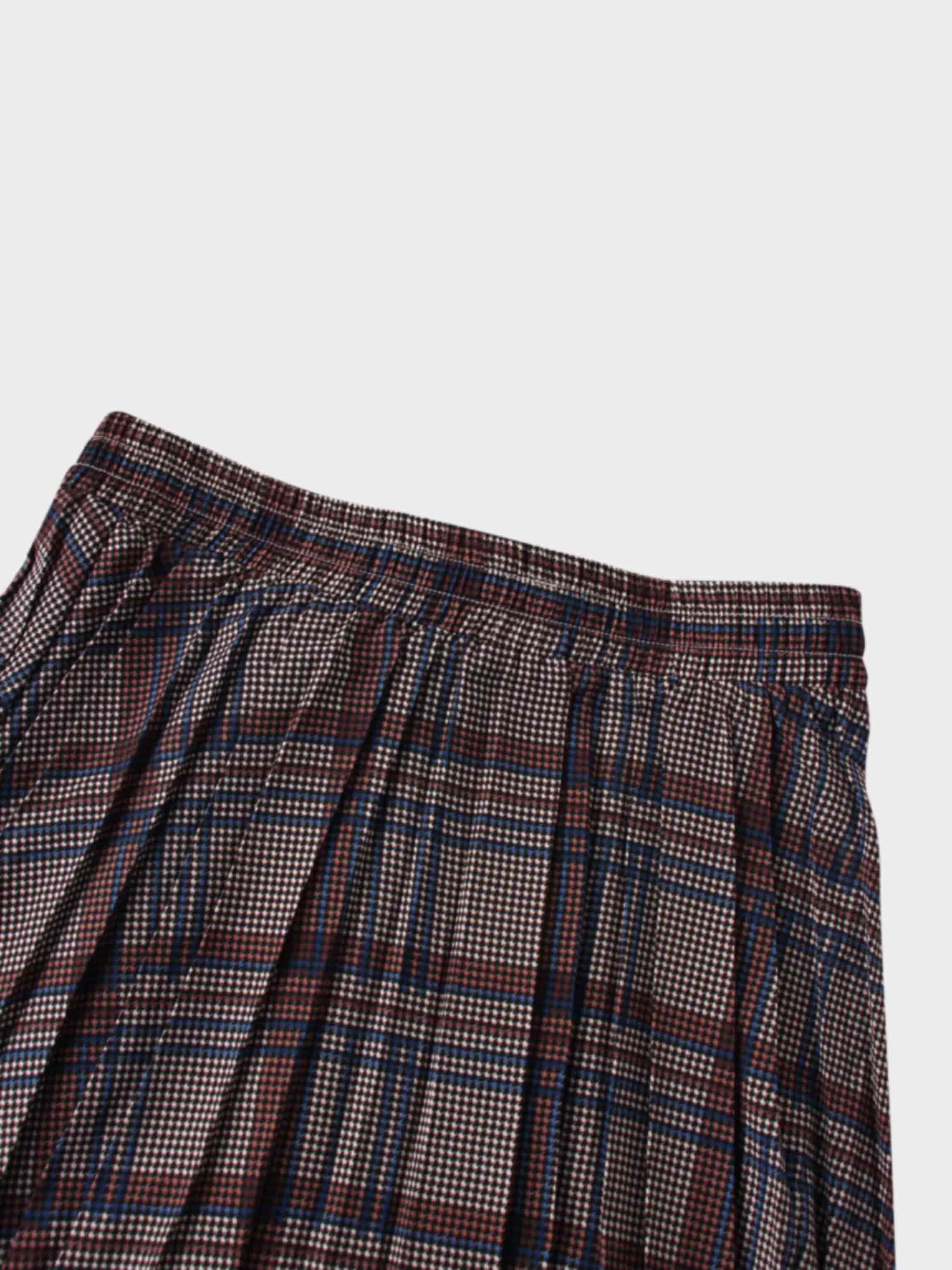 Covered Band Pleated Skirt-Brown/Blue Plaid