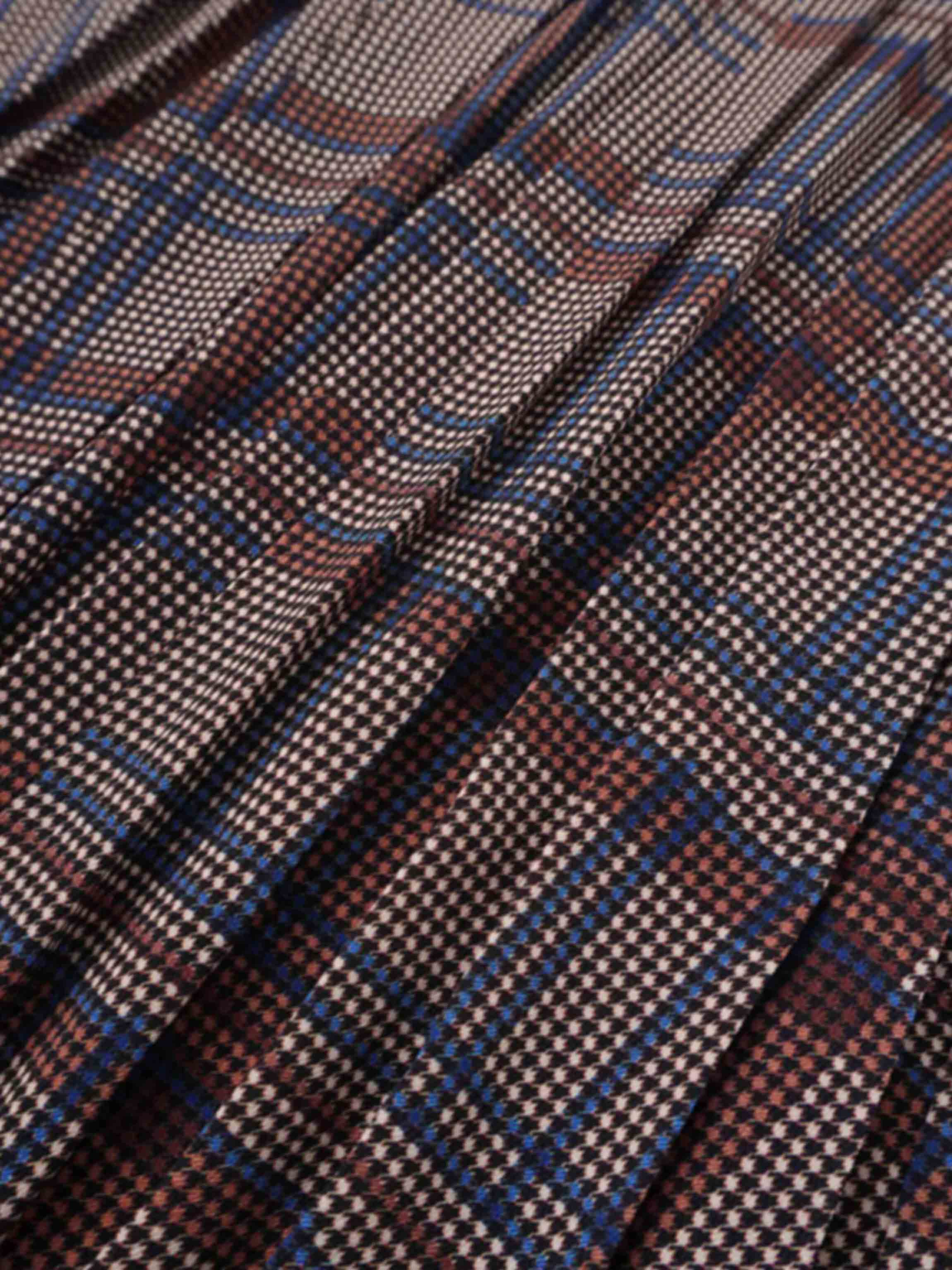 Covered Band Pleated Skirt-Brown/Blue Plaid