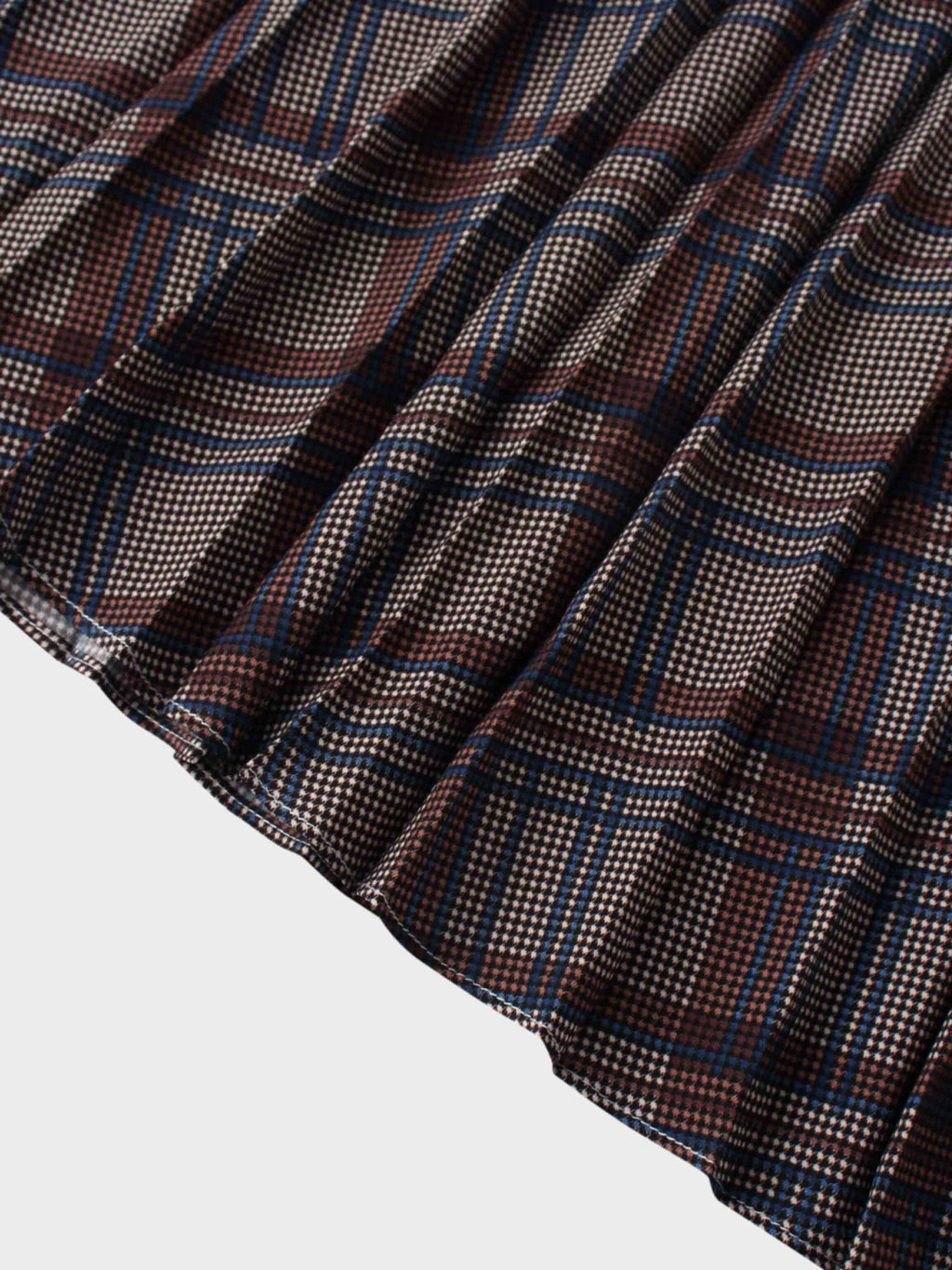 Covered Band Pleated Skirt-Brown/Blue Plaid