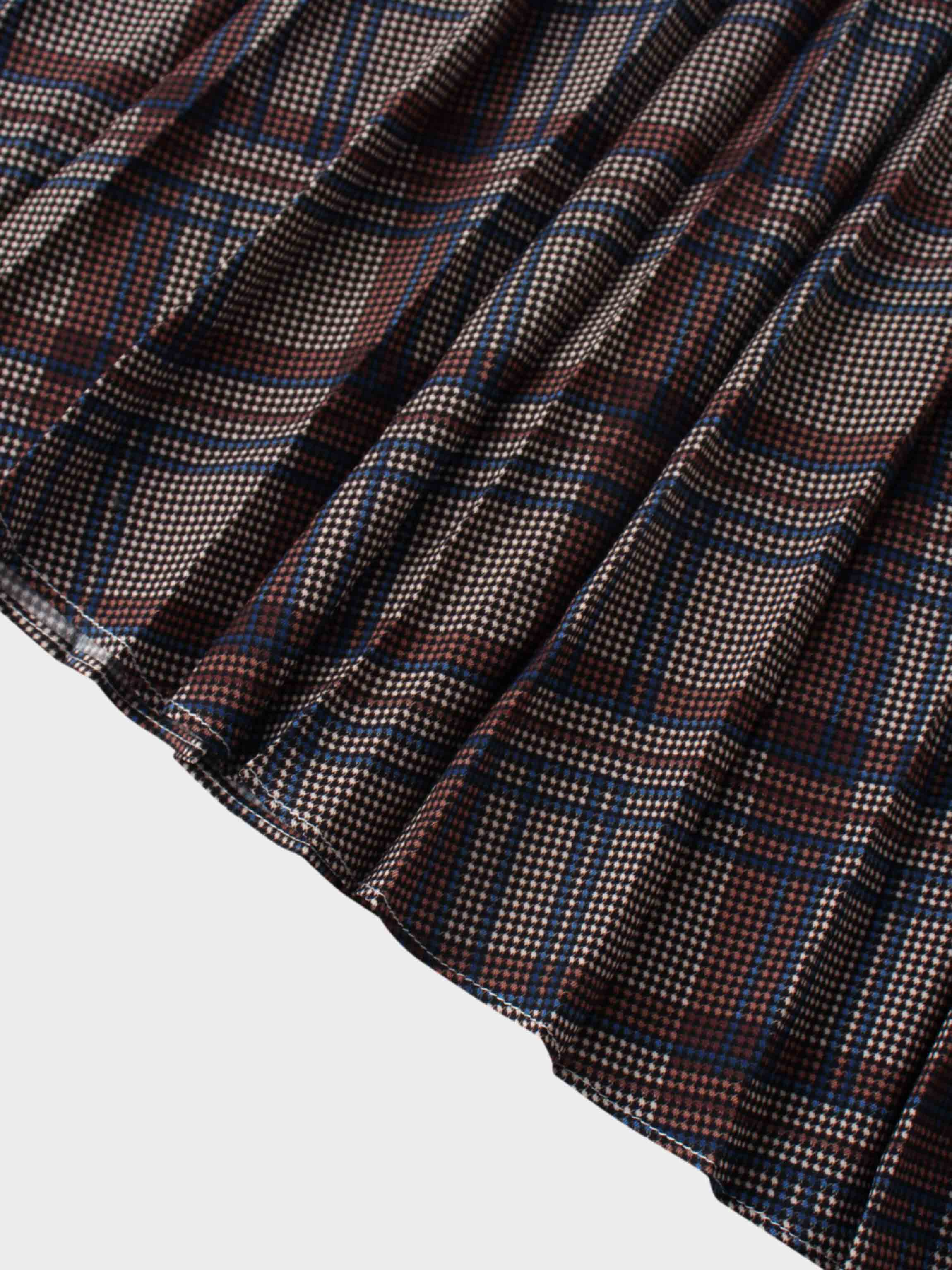 Covered Band Pleated Skirt-Brown/Blue Plaid