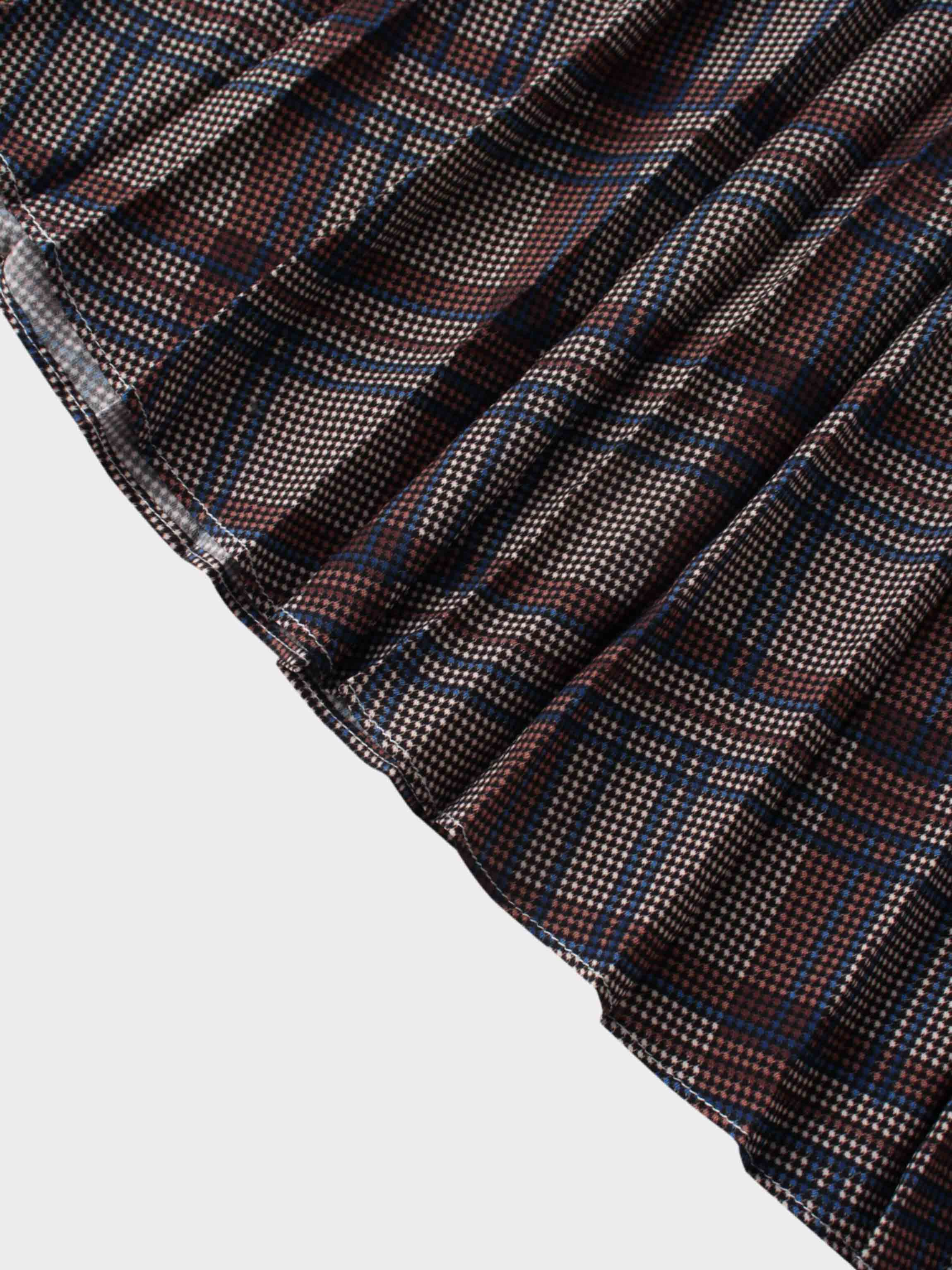 Covered Band Pleated Skirt-Brown/Blue Plaid