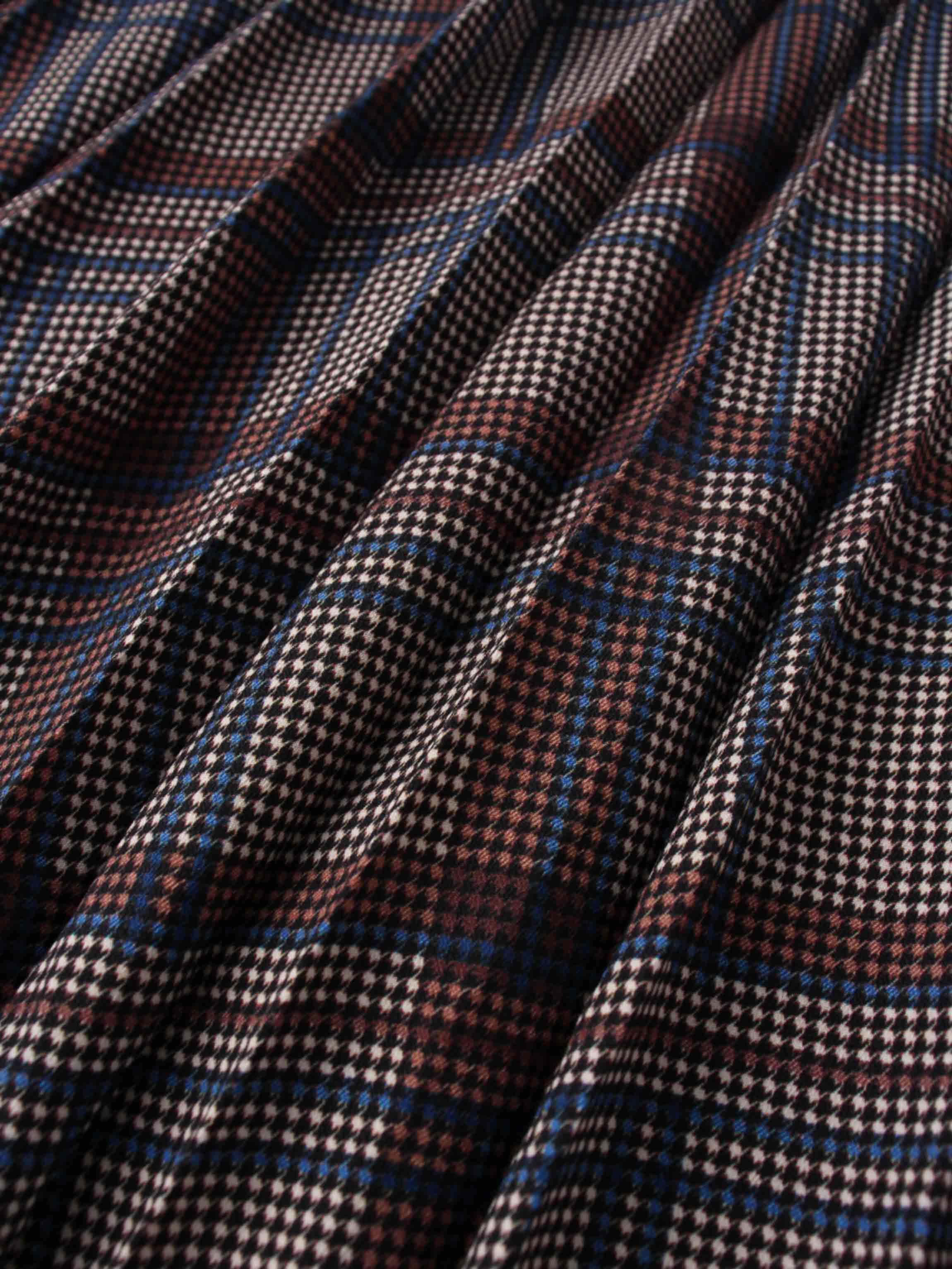 Covered Band Pleated Skirt-Brown/Blue Plaid