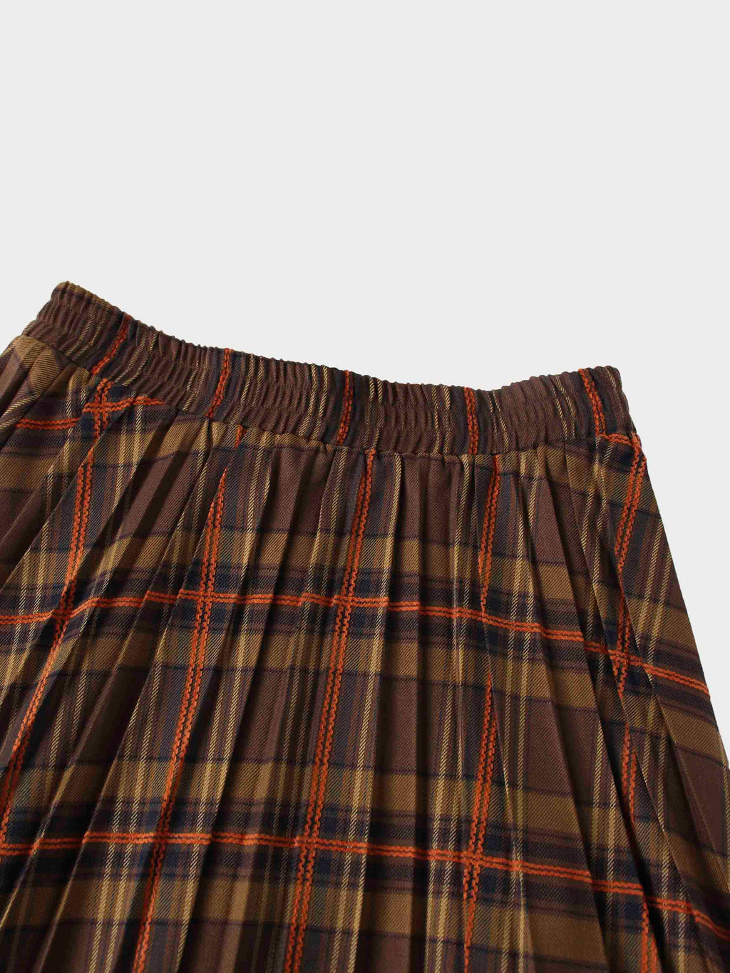 Covered Band Pleated Skirt-Brown/Orange Plaid
