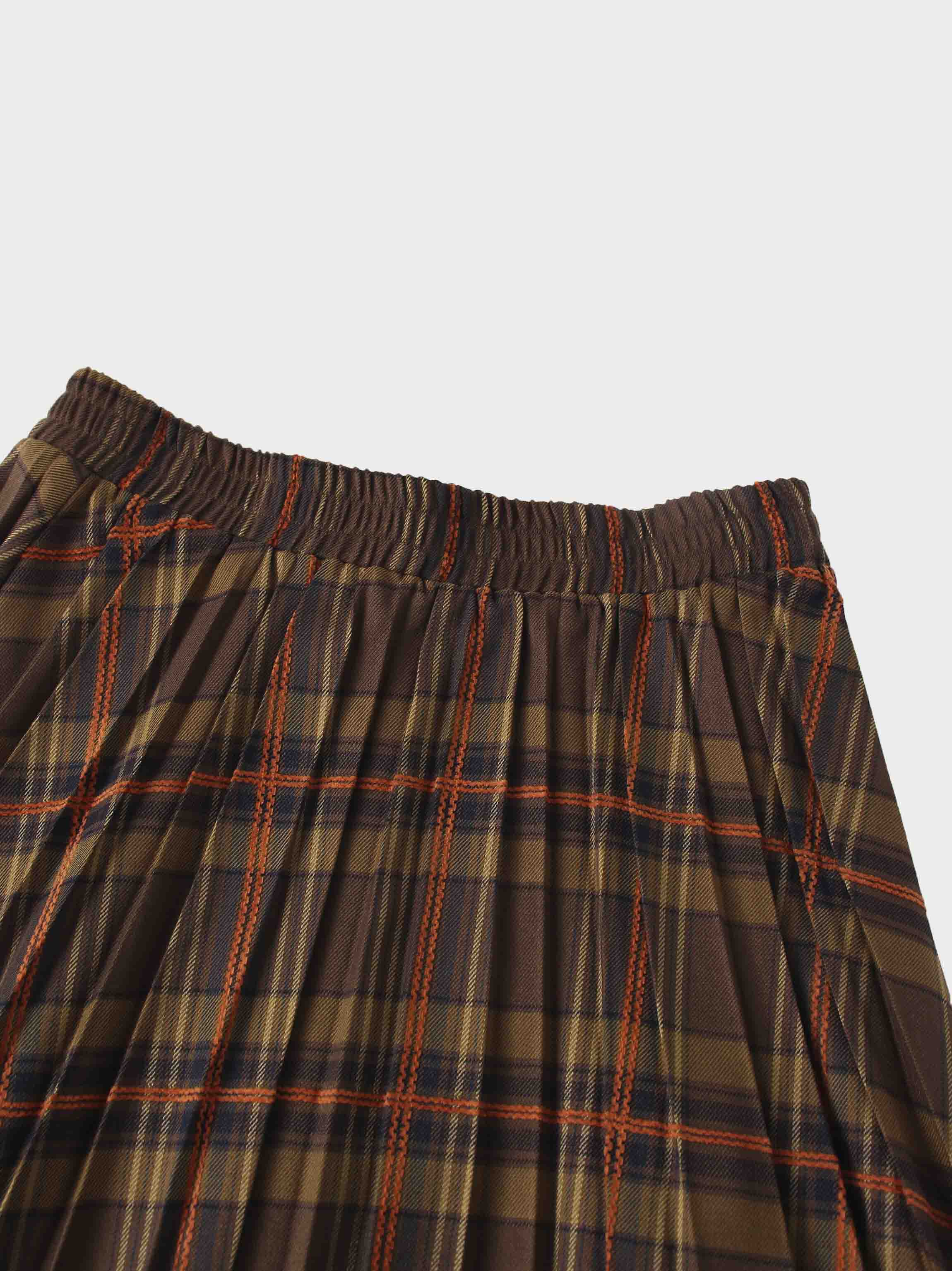 Covered Band Pleated Skirt-Brown/Orange Plaid