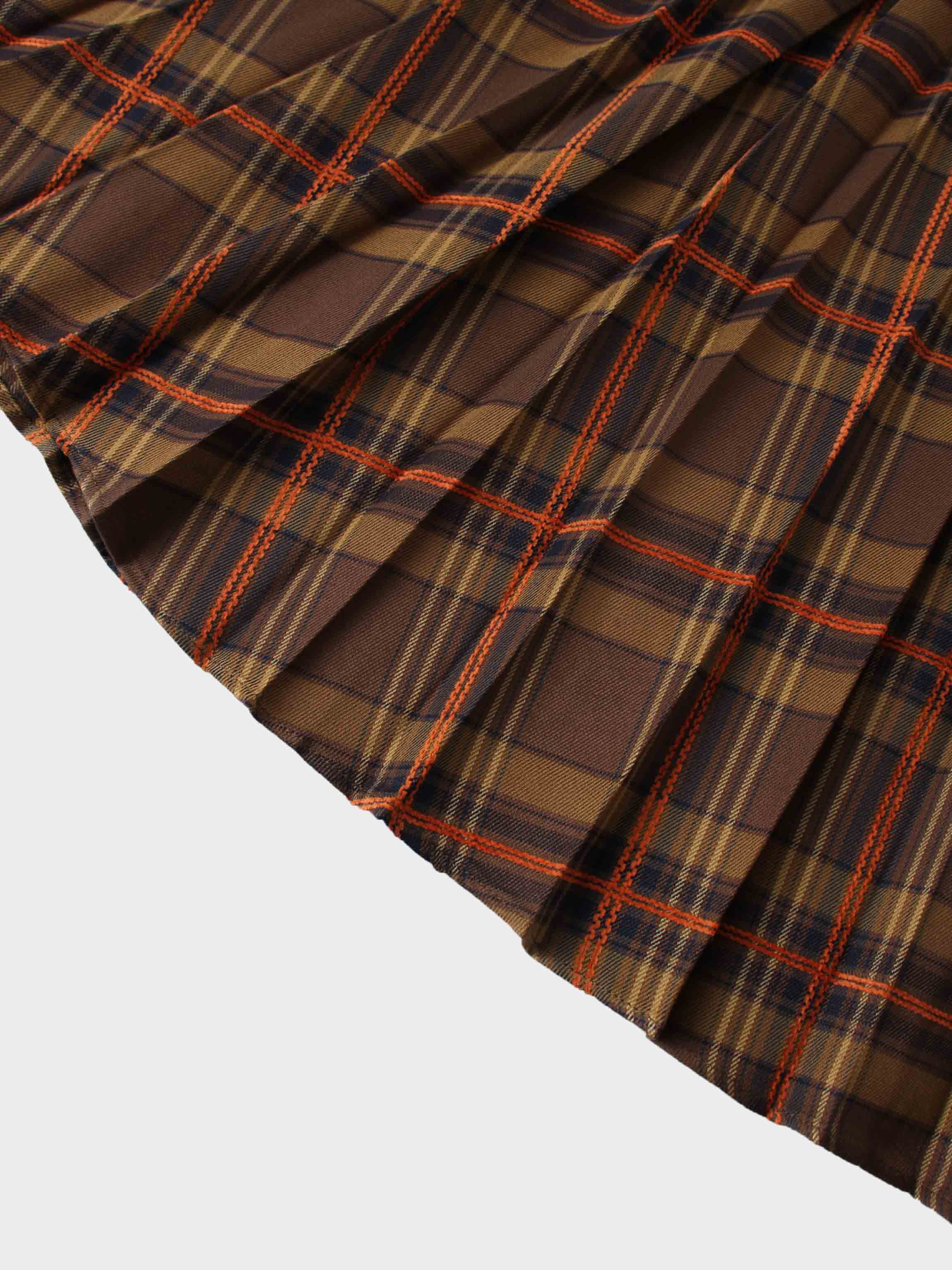 Covered Band Pleated Skirt-Brown/Orange Plaid