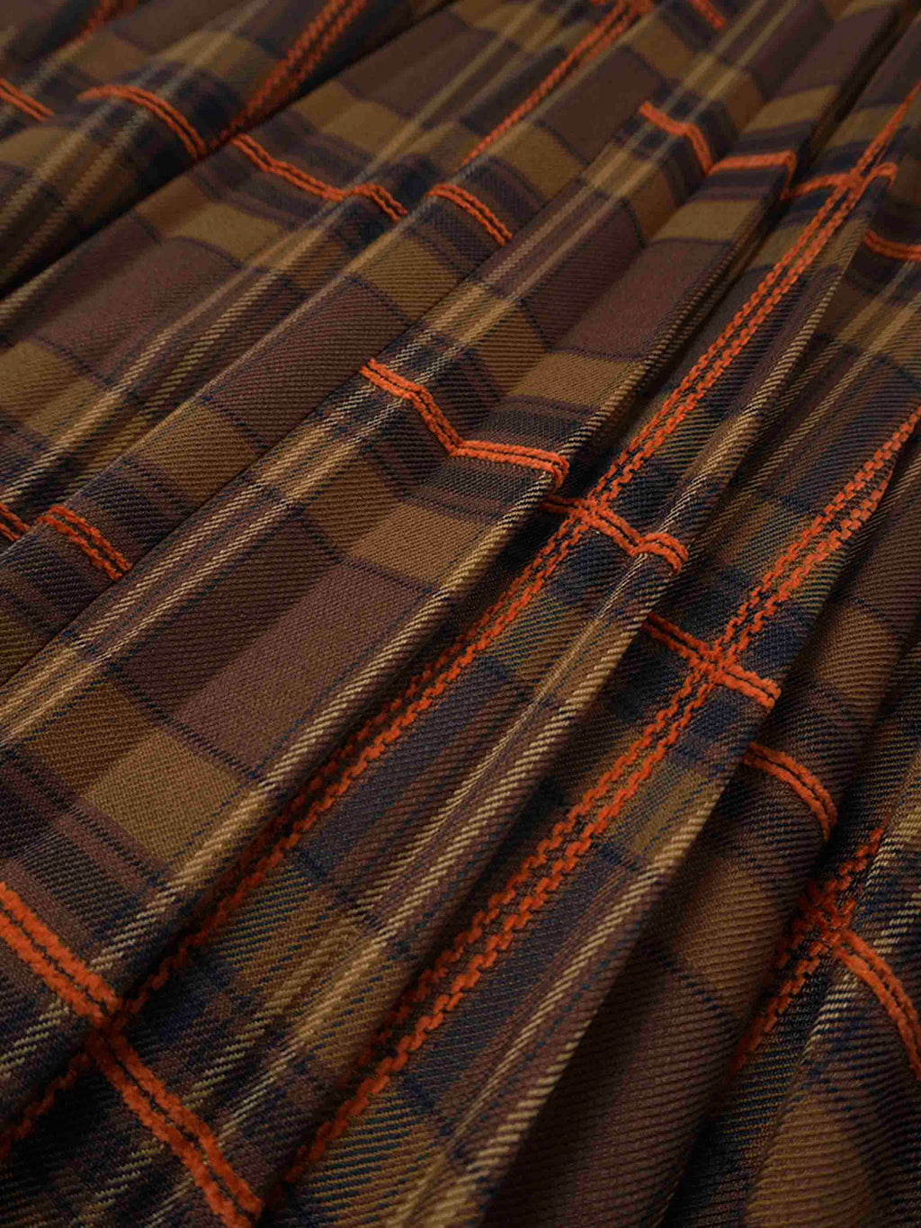 Covered Band Pleated Skirt-Brown/Orange Plaid