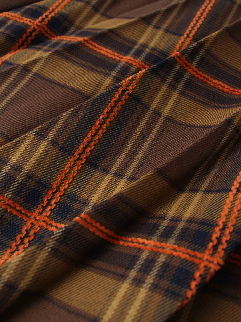 Covered Band Pleated Skirt-Brown/Orange Plaid