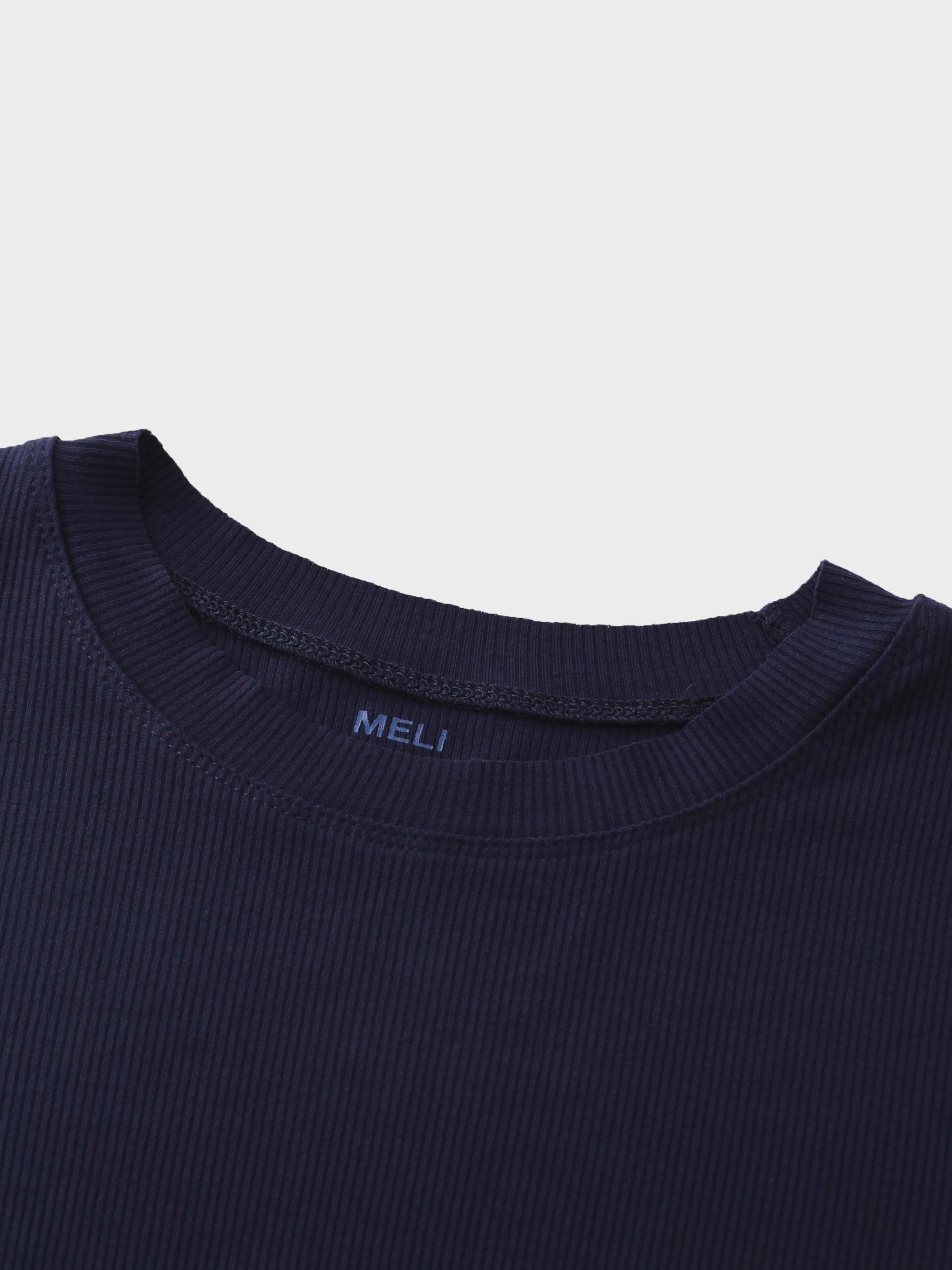 Rounded Hem Ribbed T-Shirt-Navy