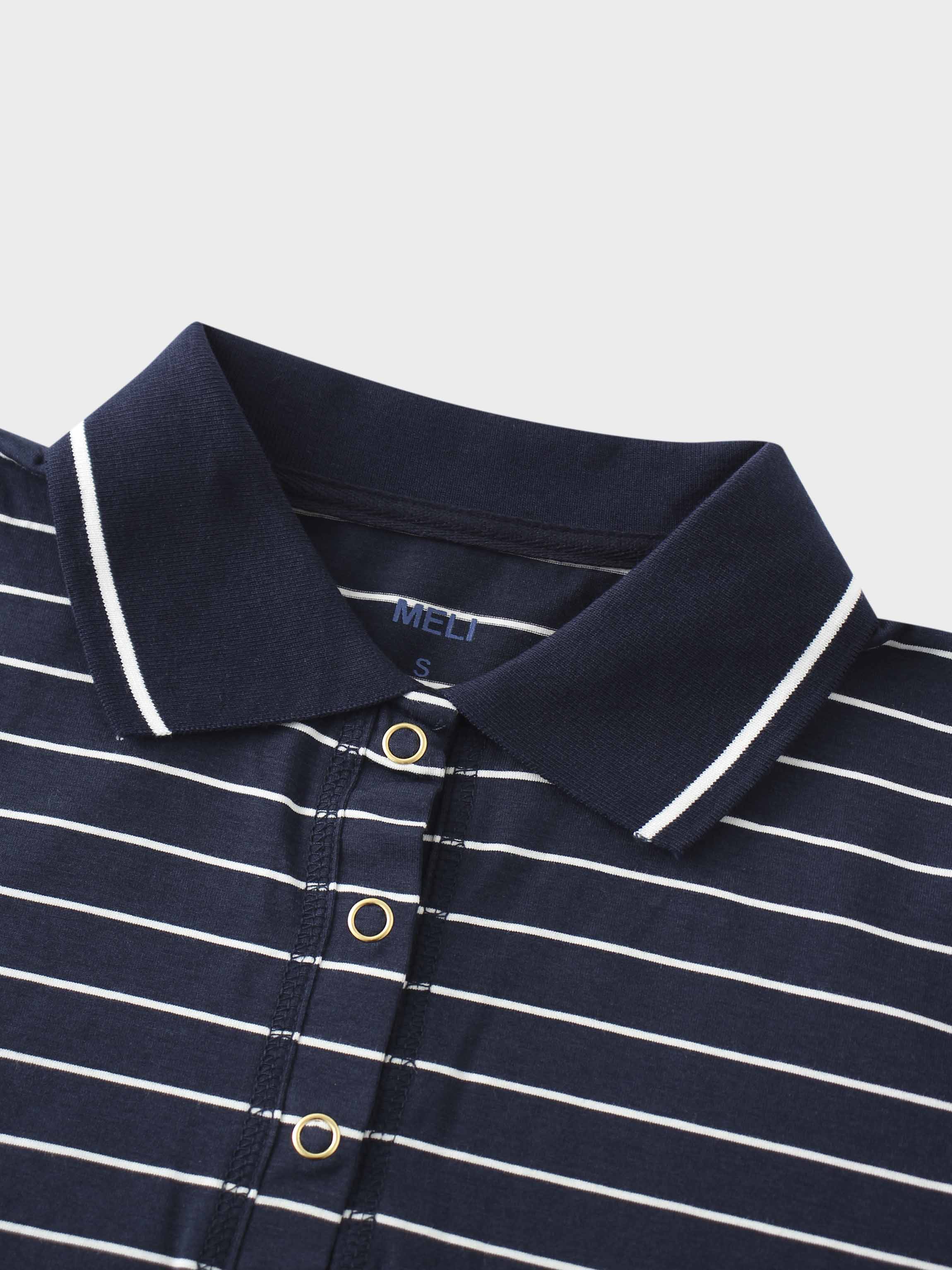 Striped Collar Snap Tee-Navy/White