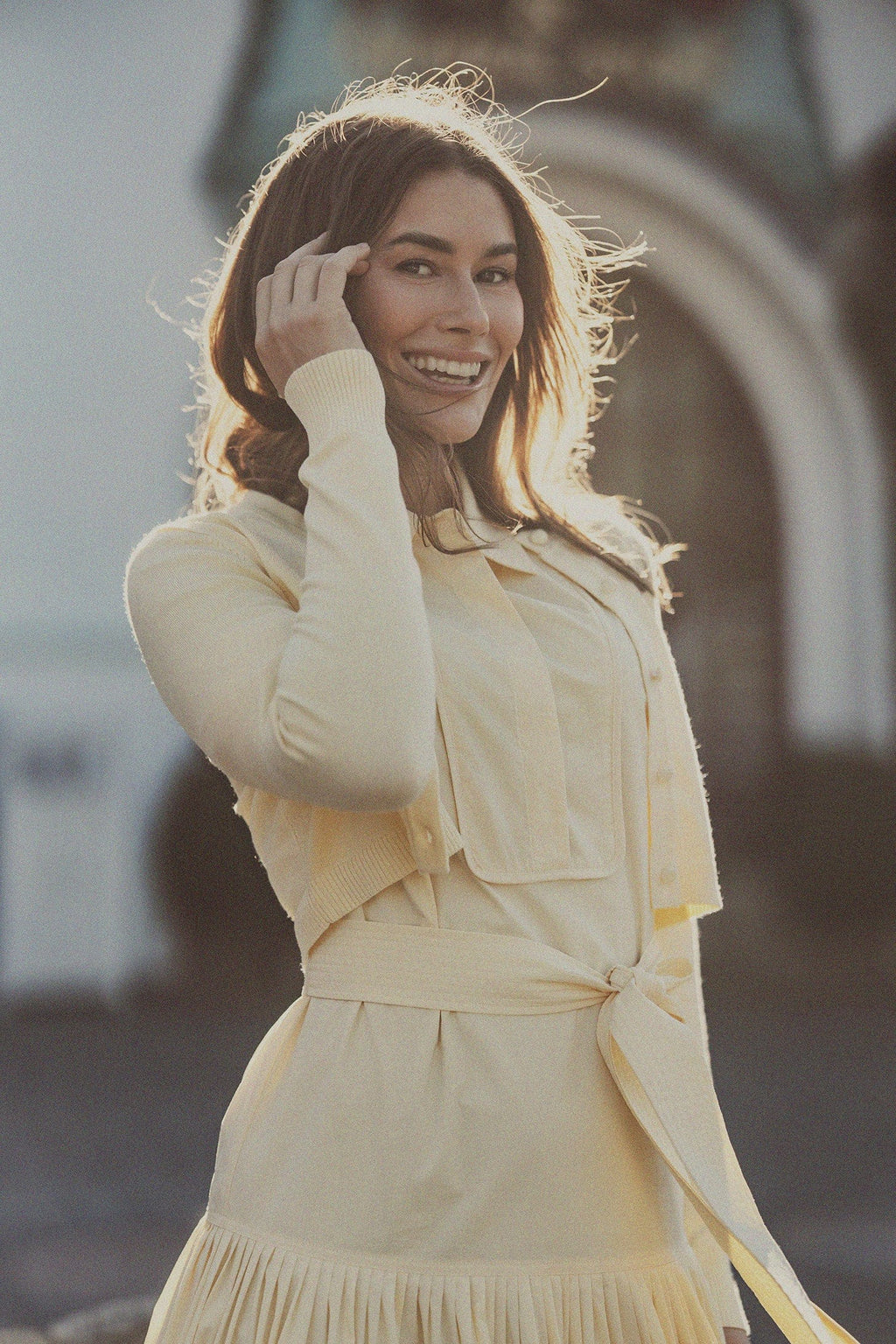 Trim Detail Crew Crop Cardigan-Yellow