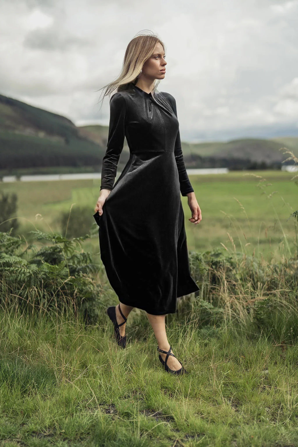 Velour Front Knot Maxi Dress-Black