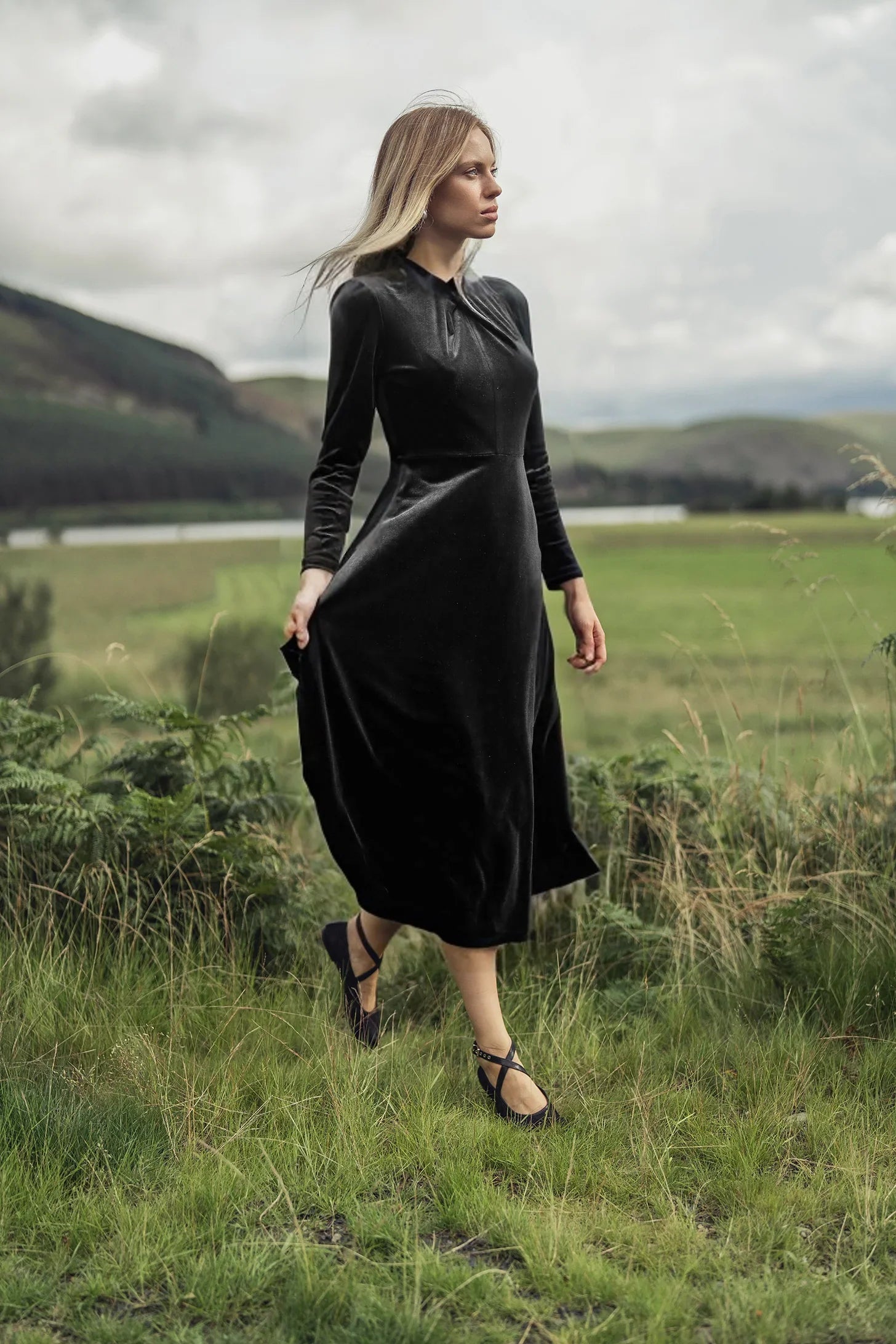 Velour Front Knot Maxi Dress-Black