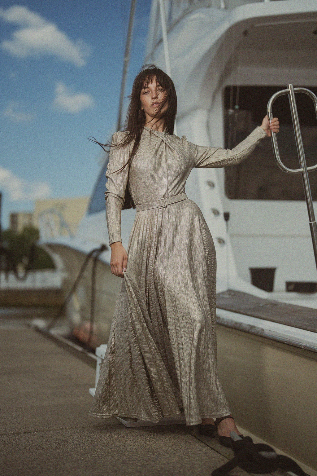 Shimmer Front Knot Pleat Dress 50"-Gold