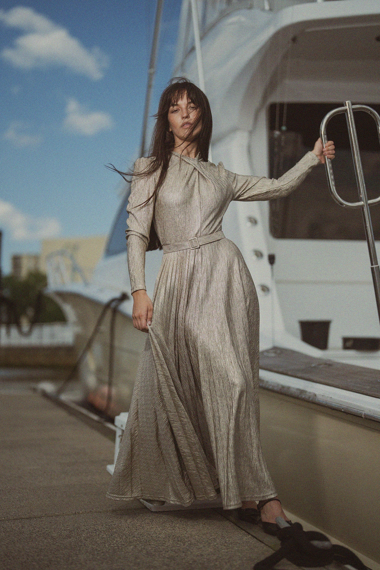 Shimmer Front Knot Pleat Dress 50"-Gold