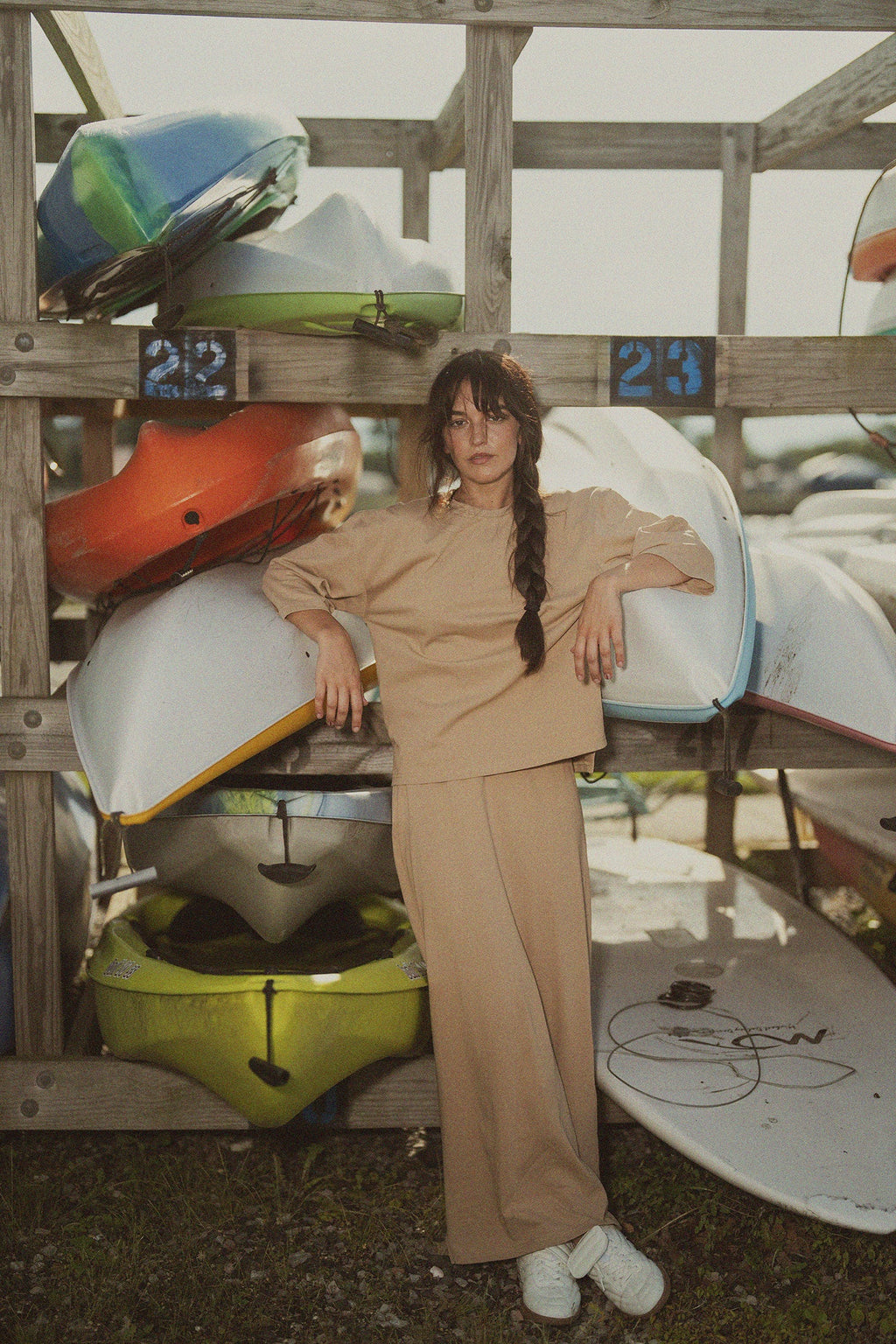 Oversized Boxy 3Q Sleeve Tee-Tan