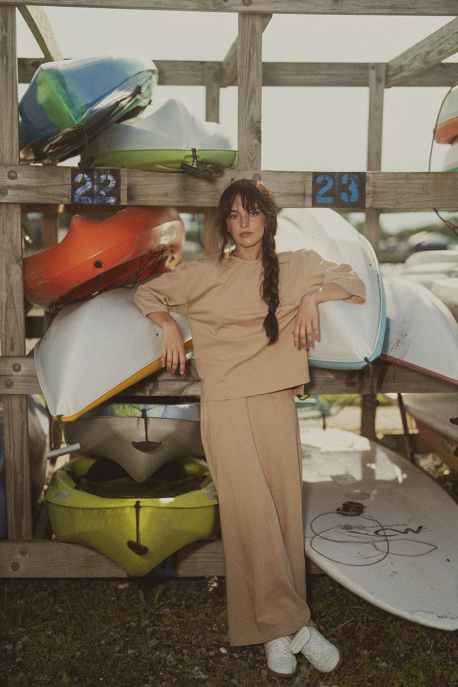 Oversized Boxy 3Q Sleeve Tee-Tan