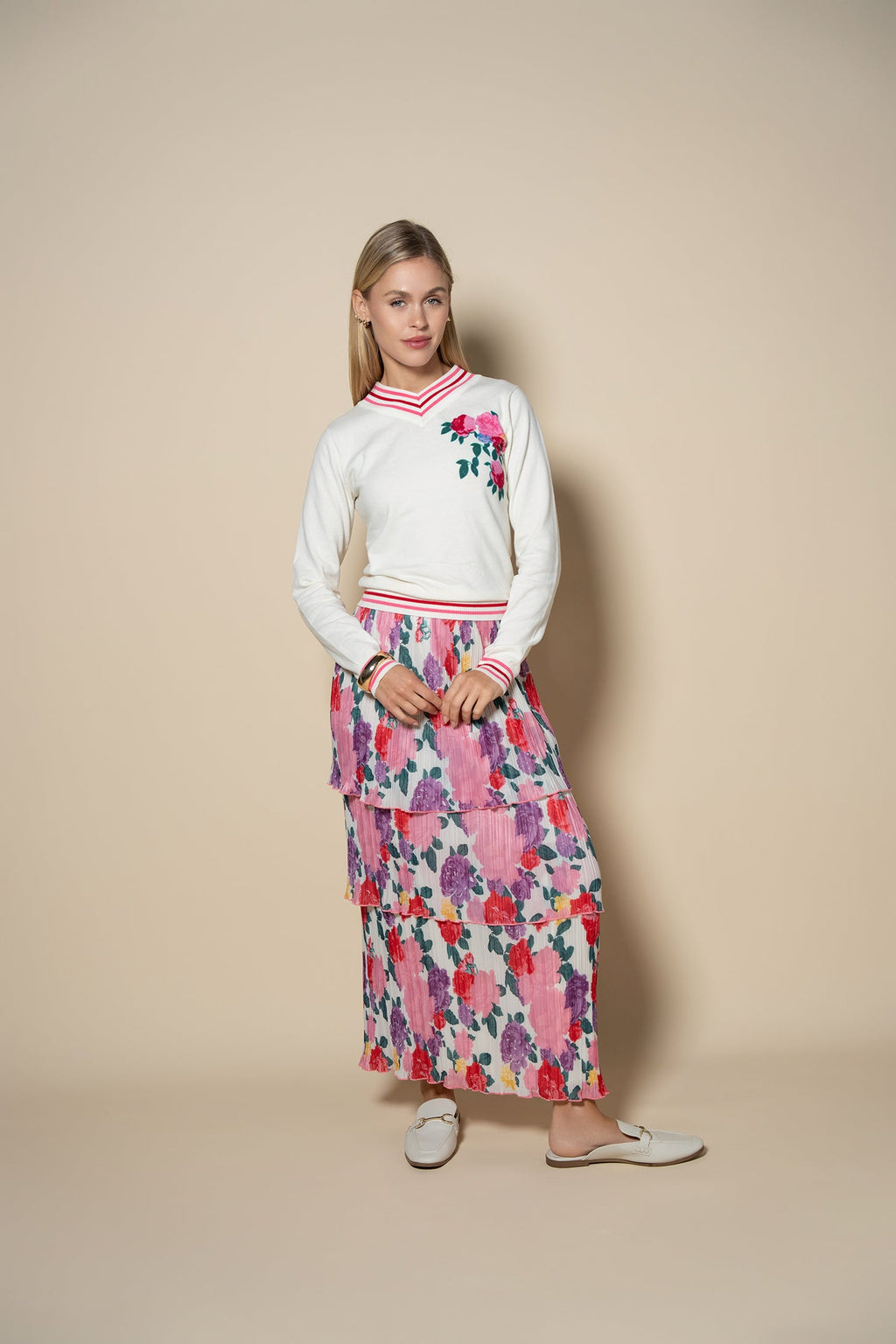 Layered Pintuck Pleated Skirt-Pink Floral