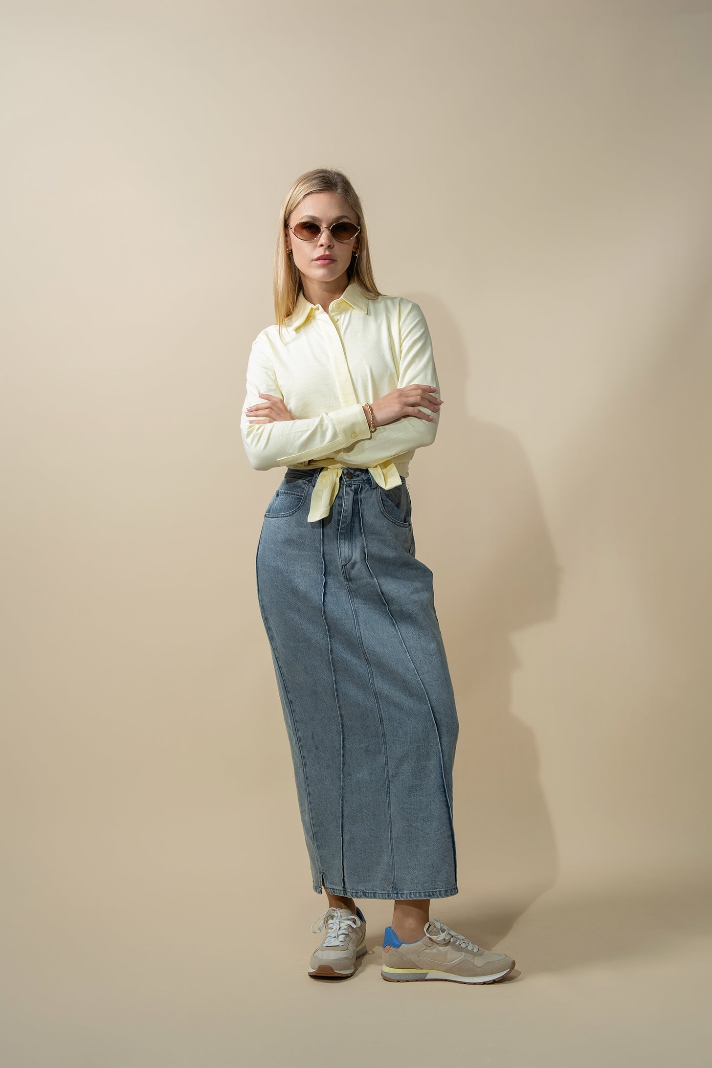Denim Seamed Skirt-Blue Wash