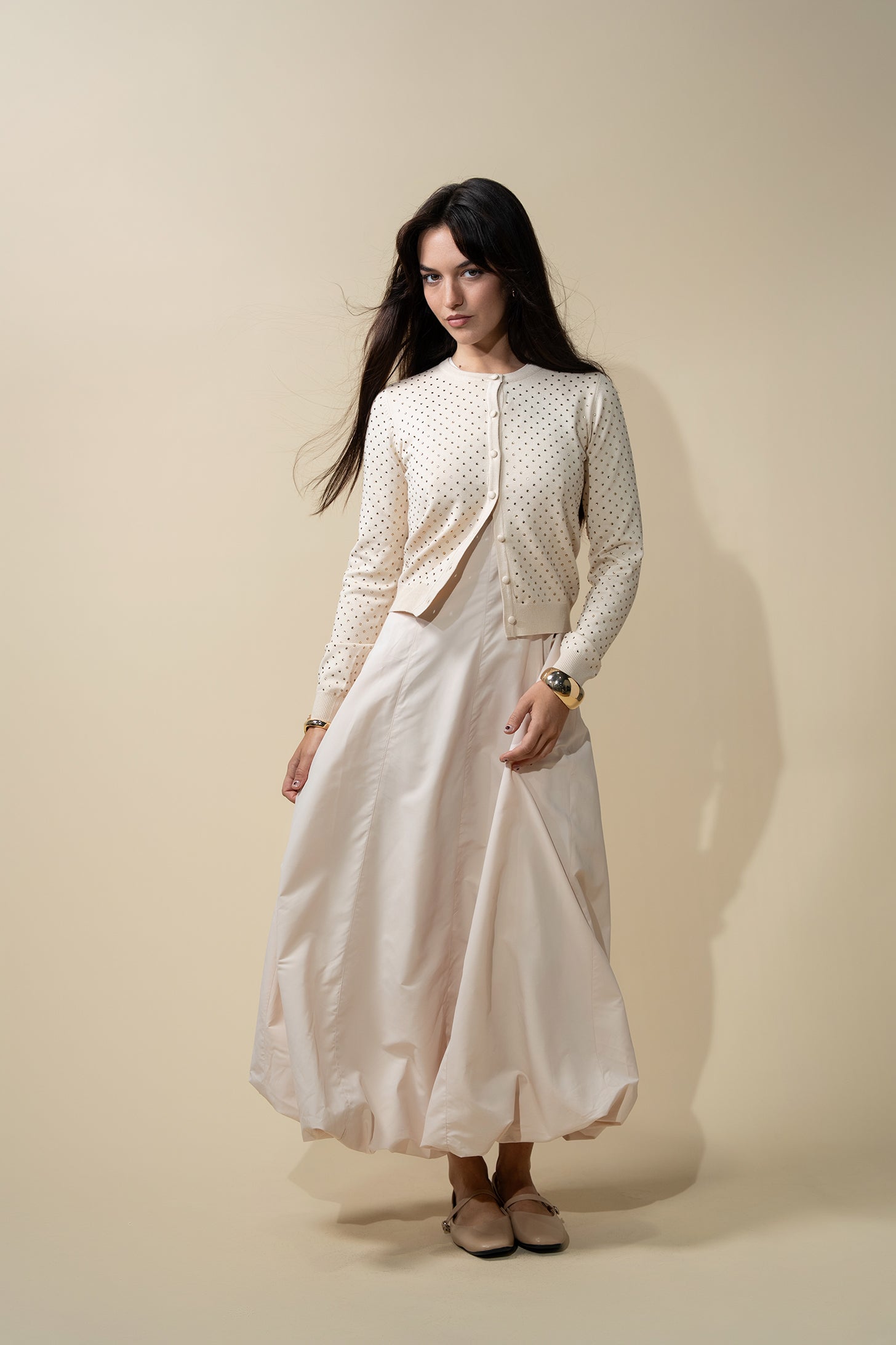 Stone Embellished Crew Cardigan-Vanilla