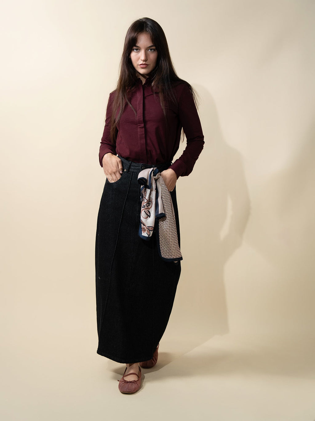 Button Down T-Shirt Blouse-Burgundy