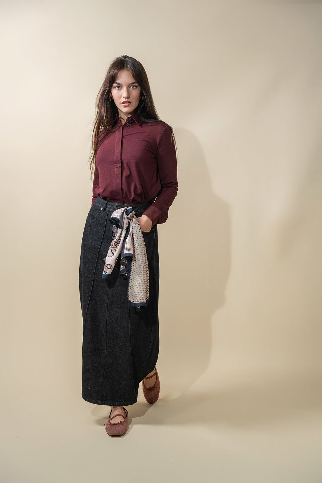 Button Down T-Shirt Blouse-Burgundy