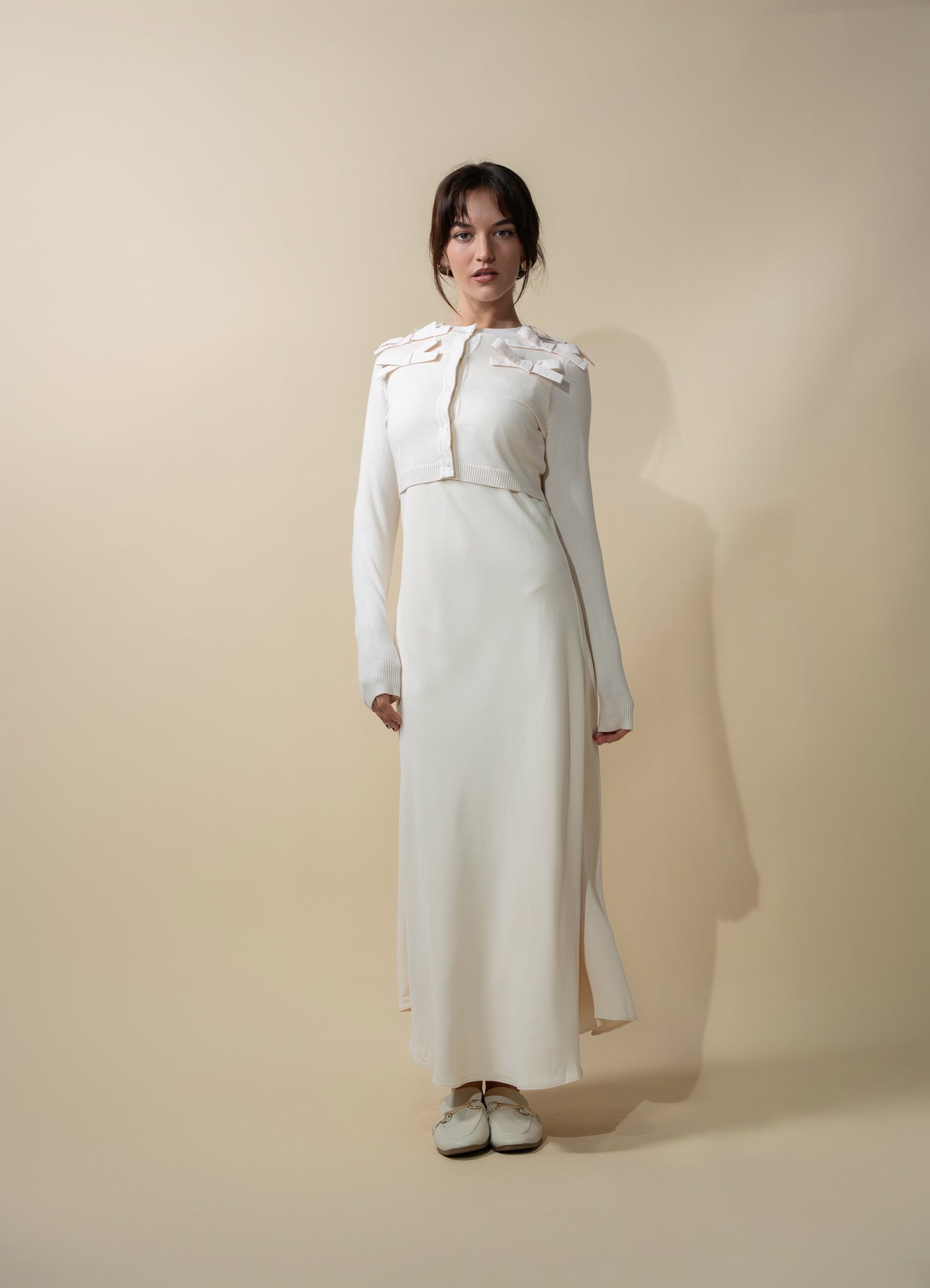 Cropped Bow Cardigan-Cream