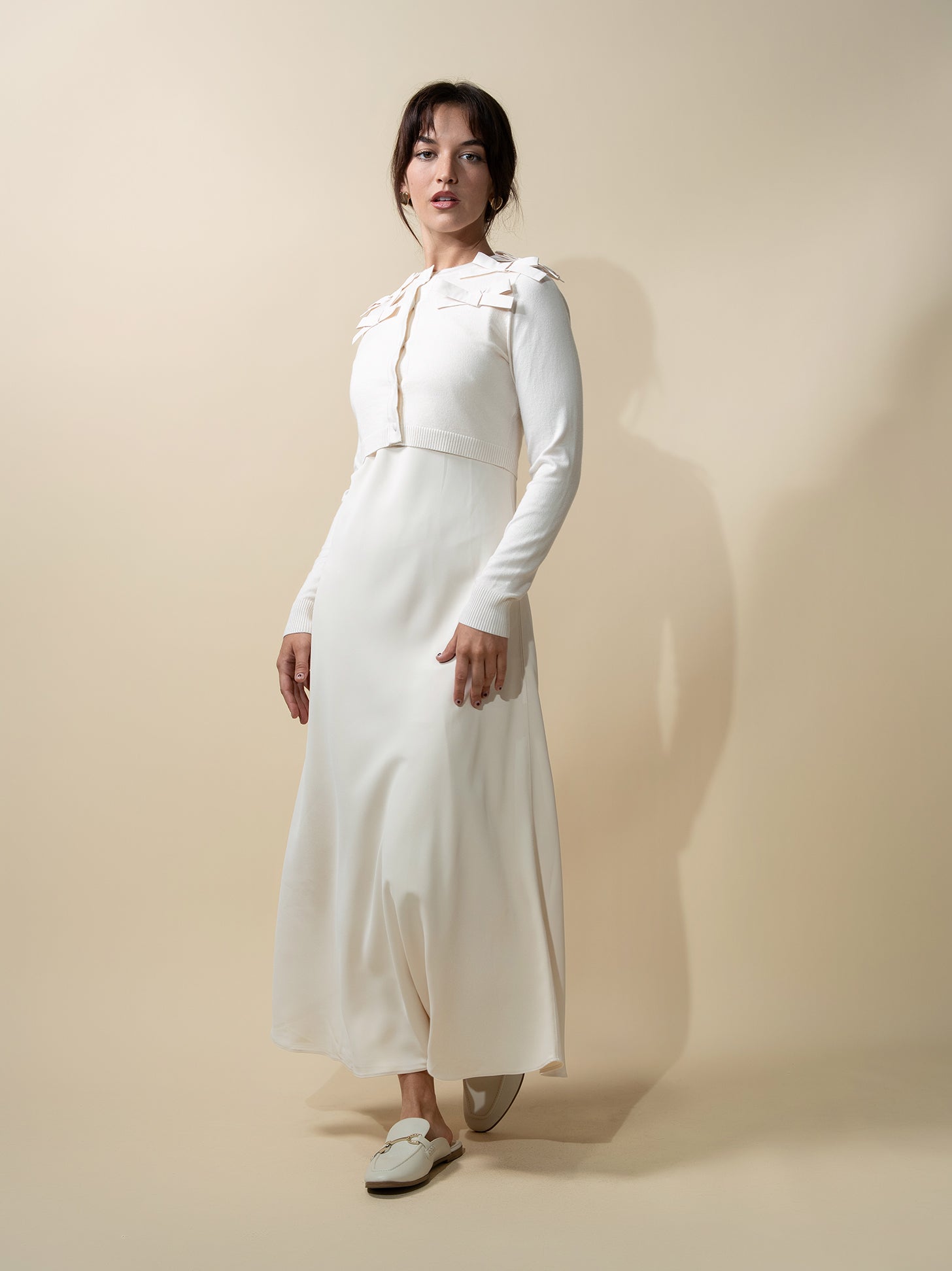 Cropped Bow Cardigan-Cream