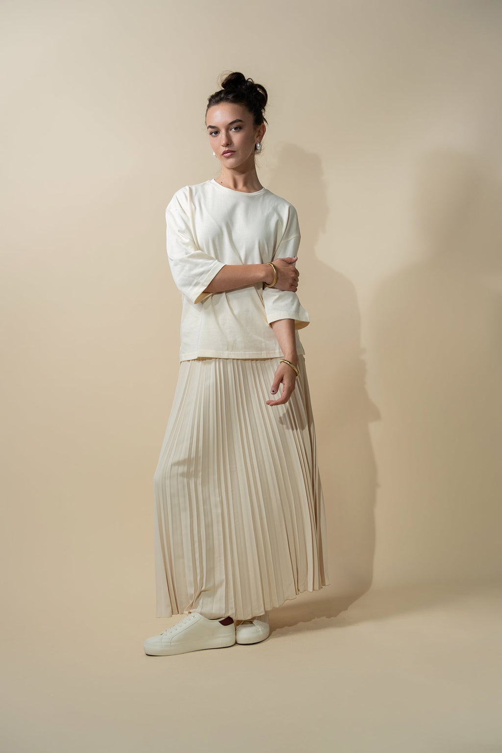 Crepe Pleated Maxi Skirt-Bone