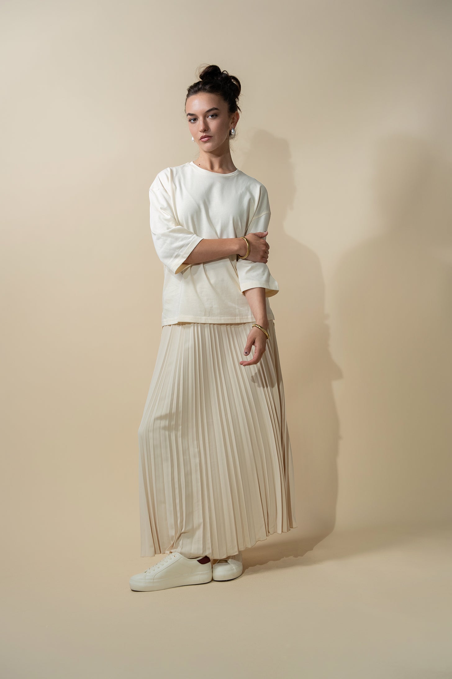 Crepe Pleated Maxi Skirt-Bone