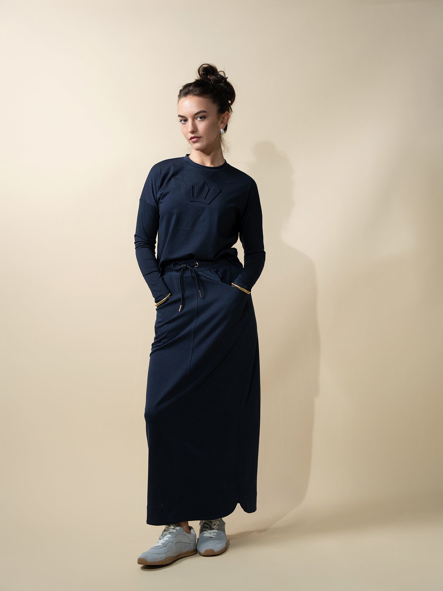 Drawstring Pocket T-Shirt Skirt-Navy