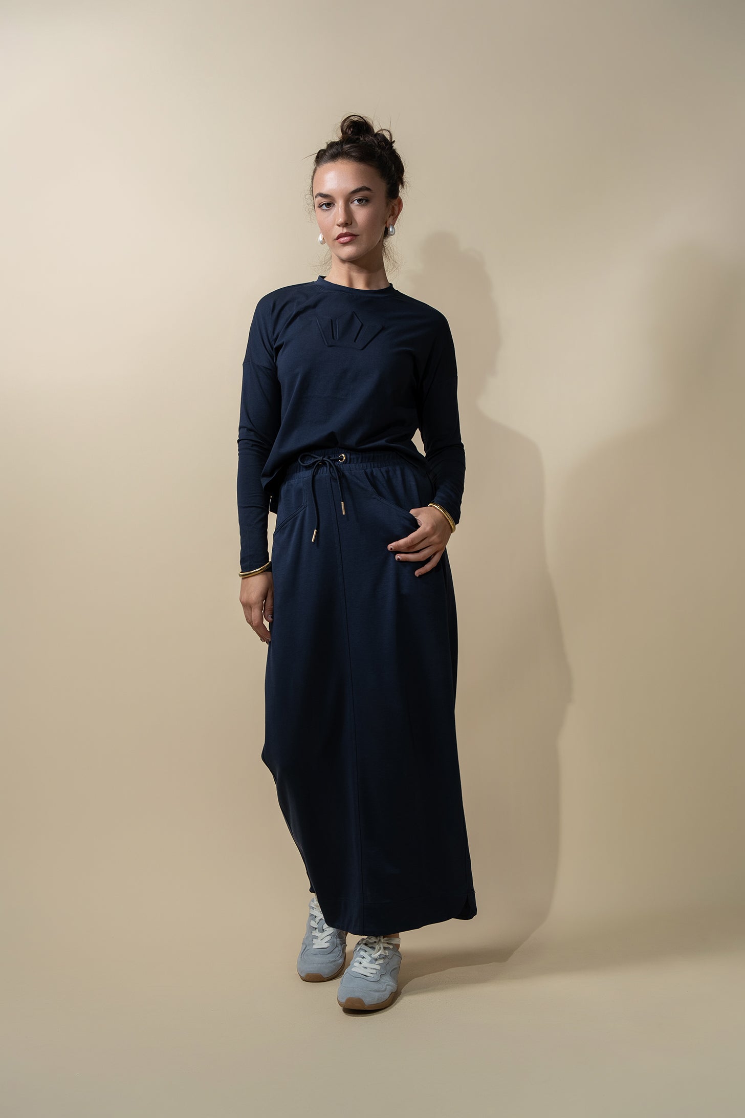 Drawstring Pocket T-Shirt Skirt-Navy