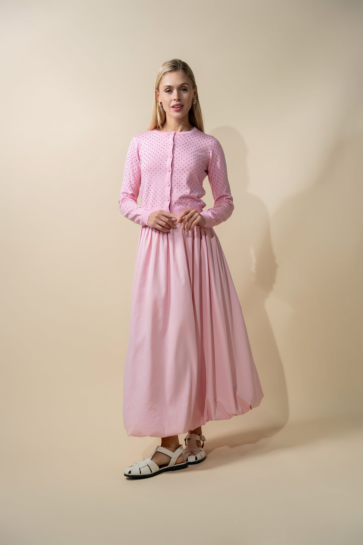 Stone Embellished Crew Cardigan-Pink