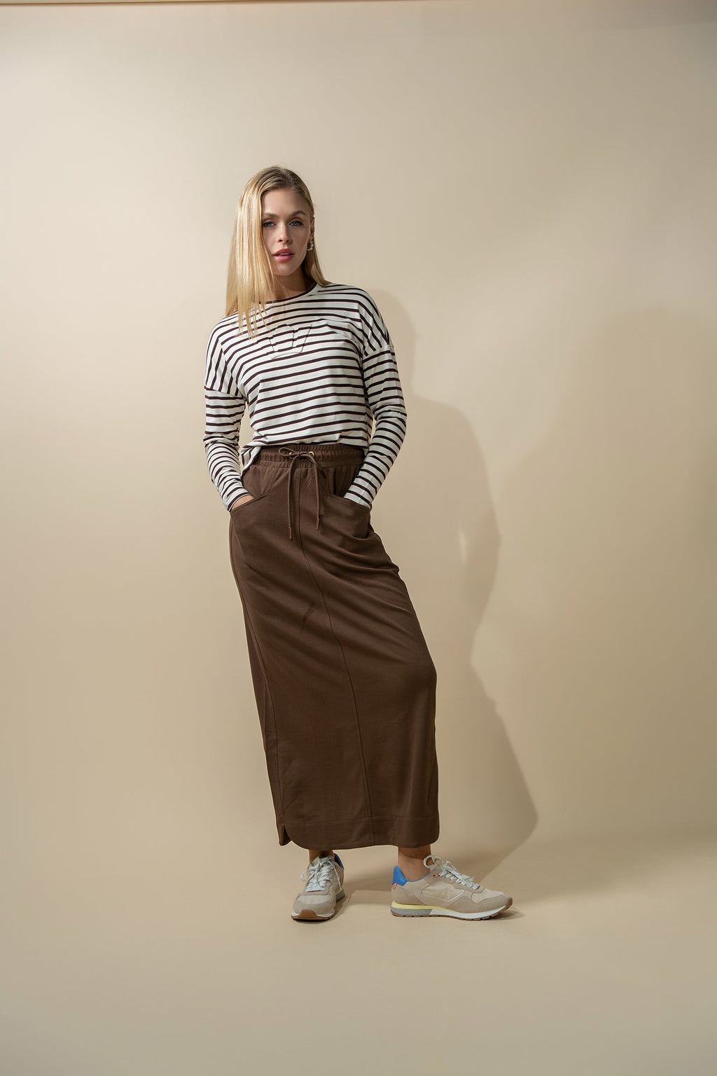Drawstring Pocket T-Shirt Skirt-Brown
