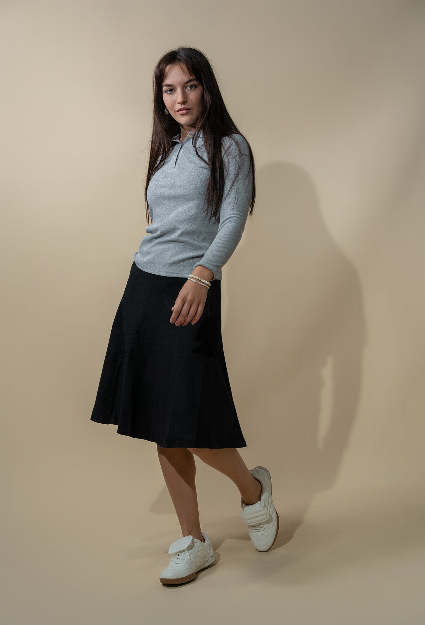 Paneled Flare Skirt 25"-Solid Black
