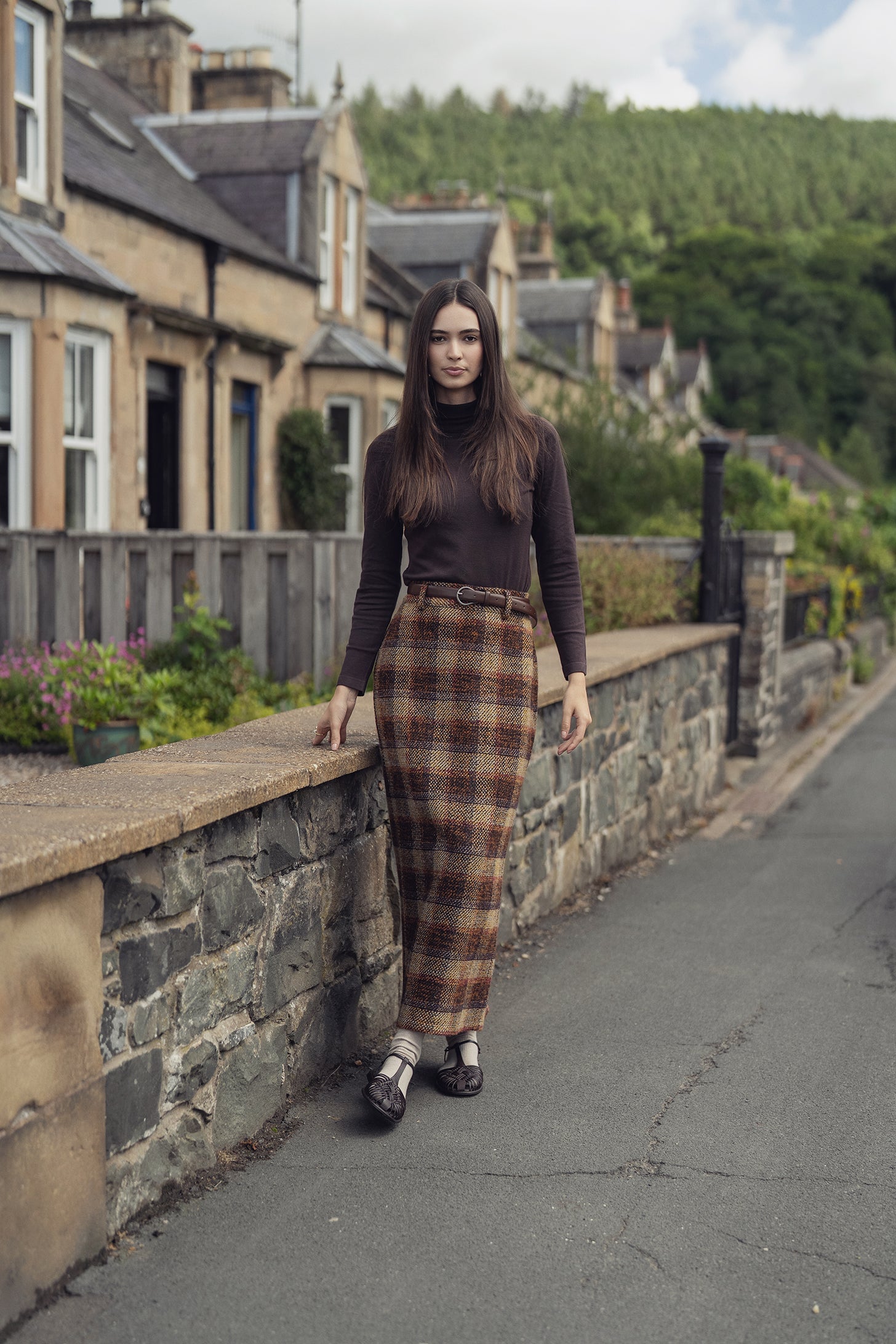 Straight Maxi Skirt-Brown Plaid
