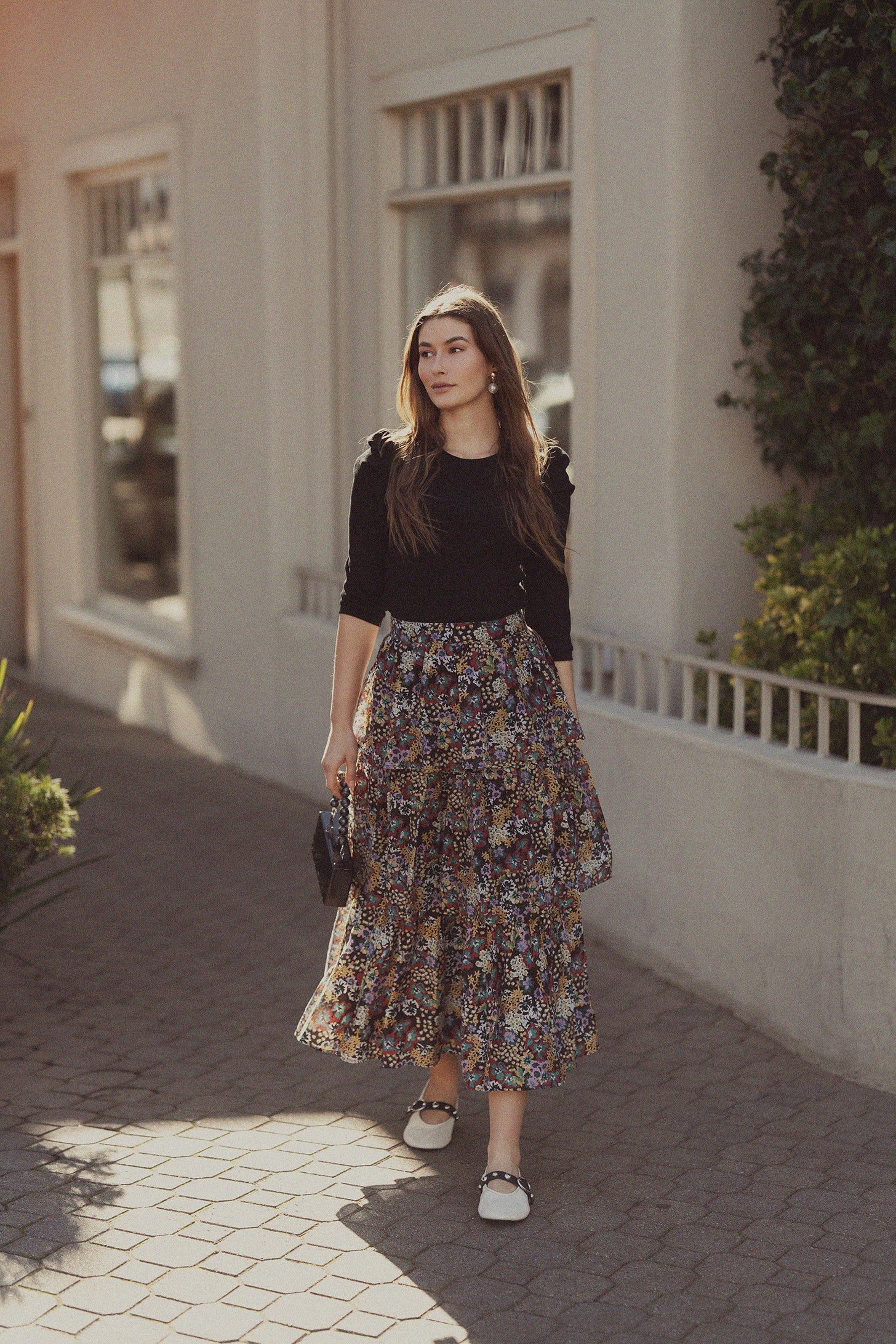 Ribbed Crew Neck Puff Sleeve Top-Black