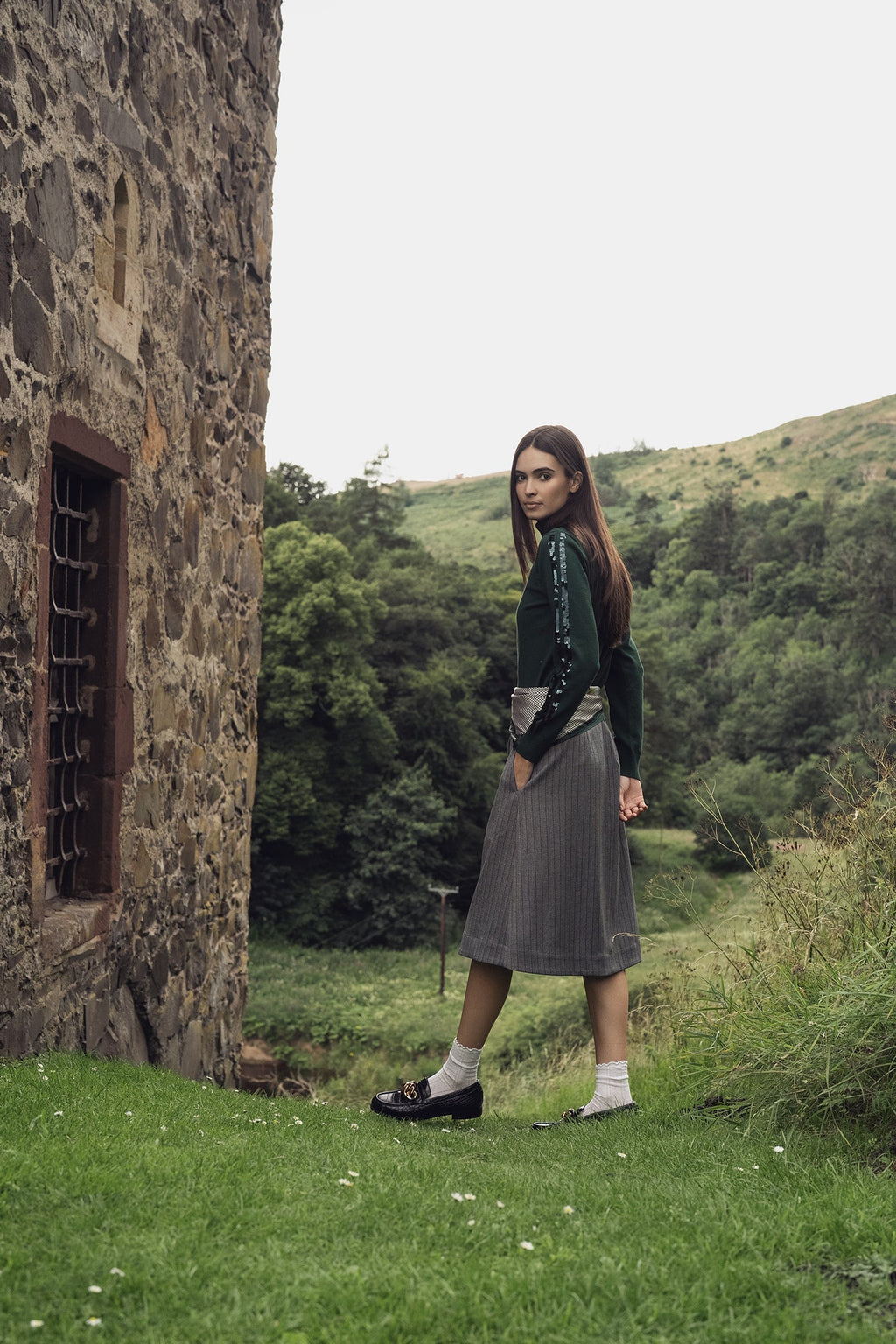 Herringbone Pinstripe Button Down A-Line Skirt-Grey/Green