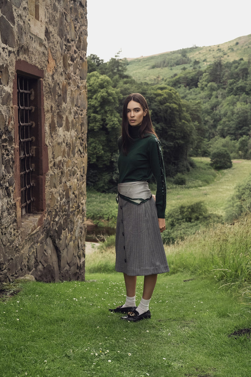 Herringbone Pinstripe Button Down A-Line Skirt-Grey/Green