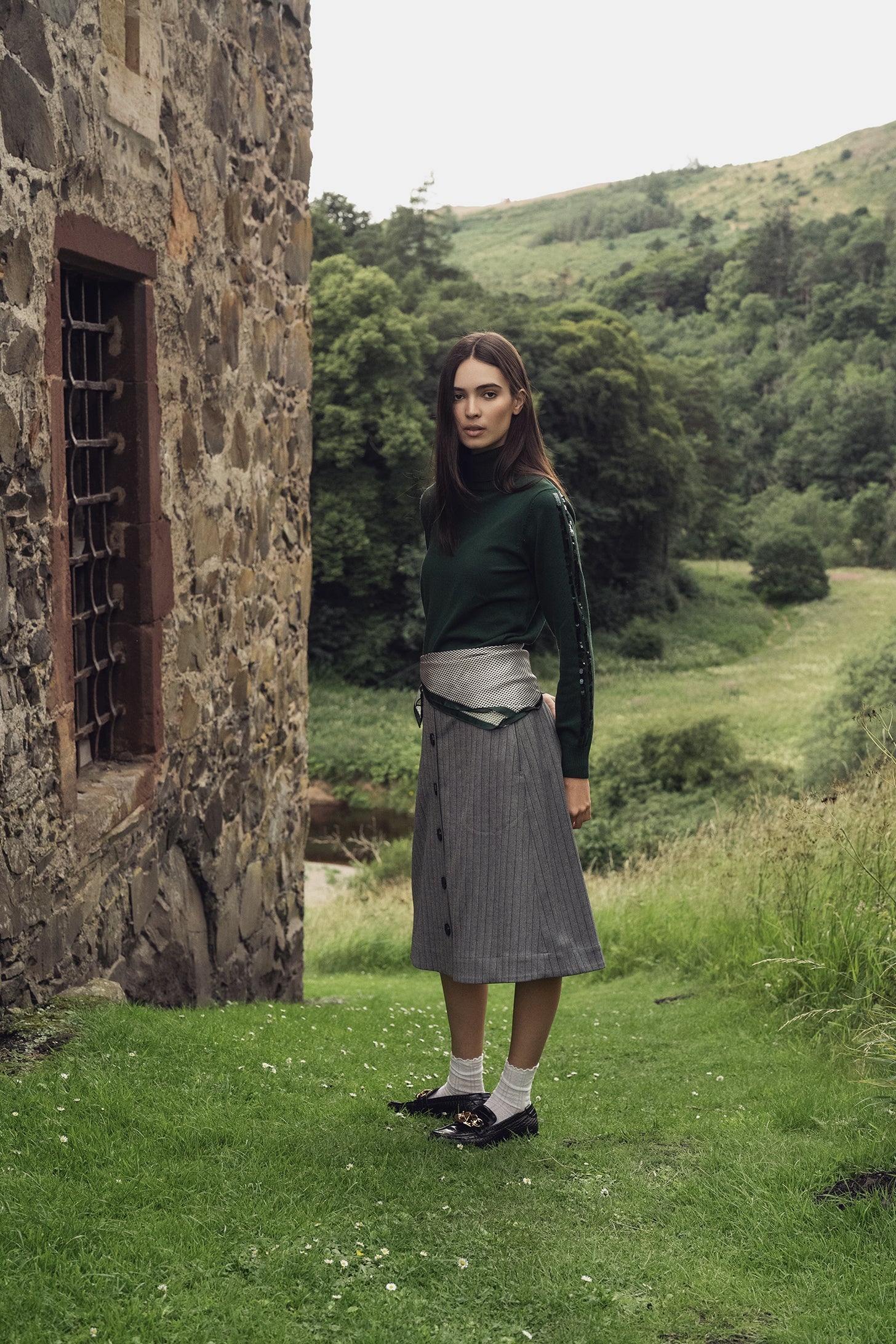 Herringbone Pinstripe Button Down A-Line Skirt-Grey/Green