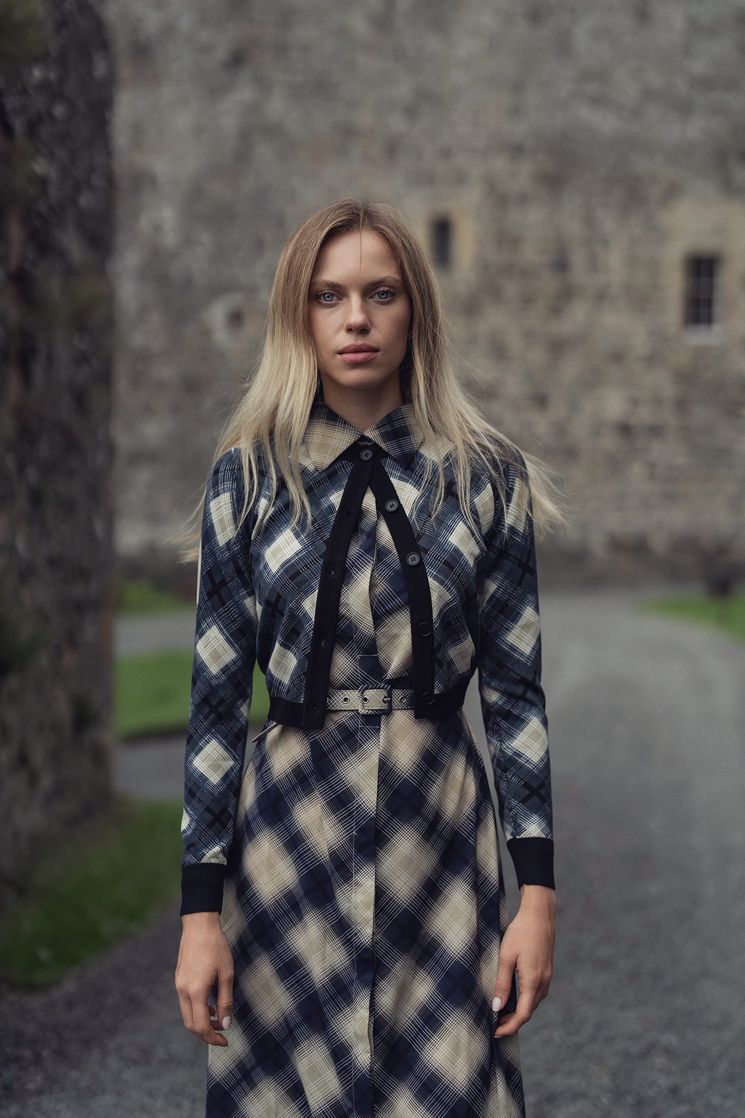 Basic Belted A-Line Dress-Black/White Plaid