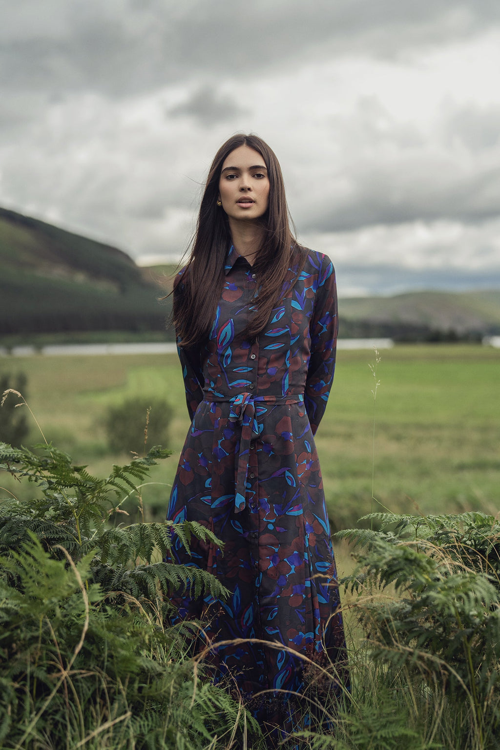 Collared A-Line Shirtdress-Brown Floral