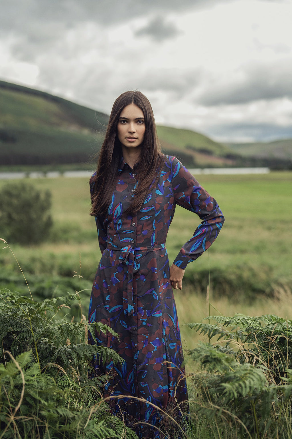 Collared A-Line Shirtdress-Brown Floral
