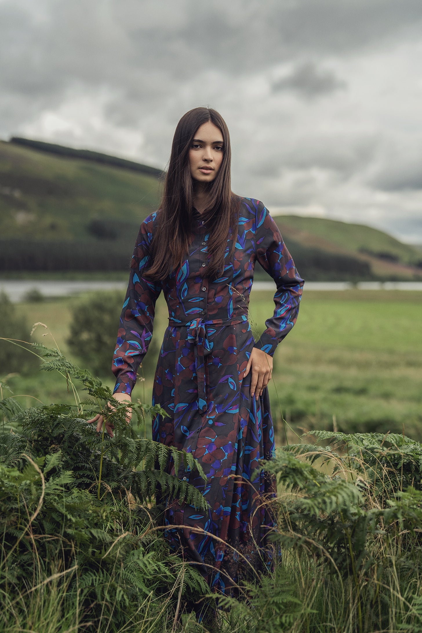 Collared A-Line Shirtdress-Brown Floral