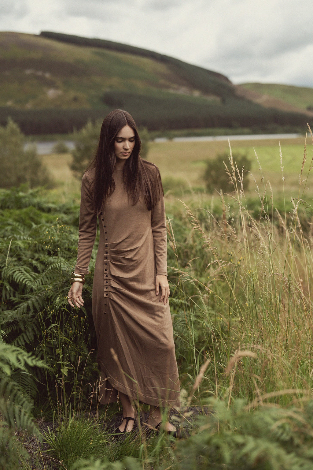 Side Shirred Button Down Knit-Camel