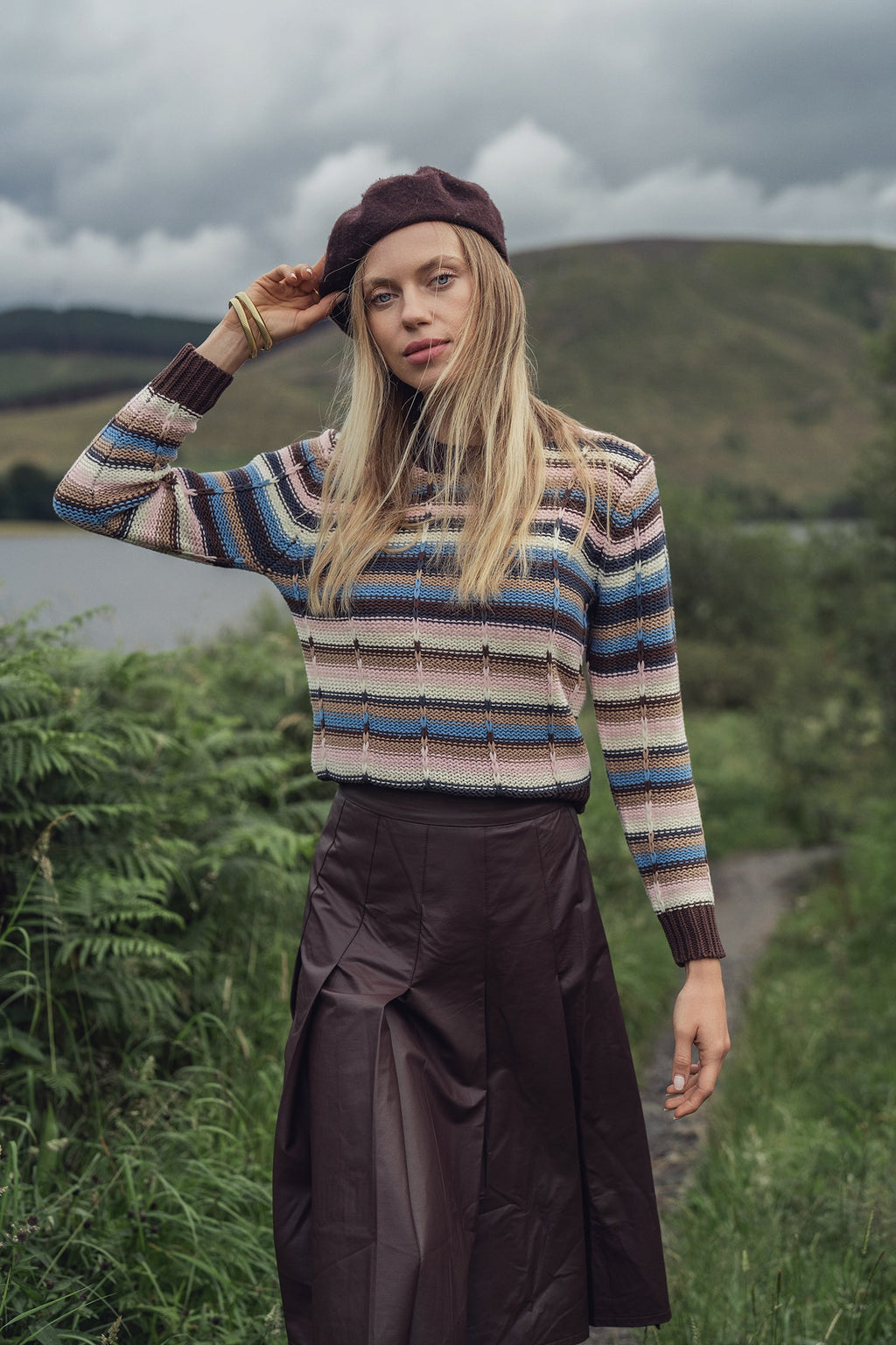 Overstitch Detail Striped Sweater-Brown