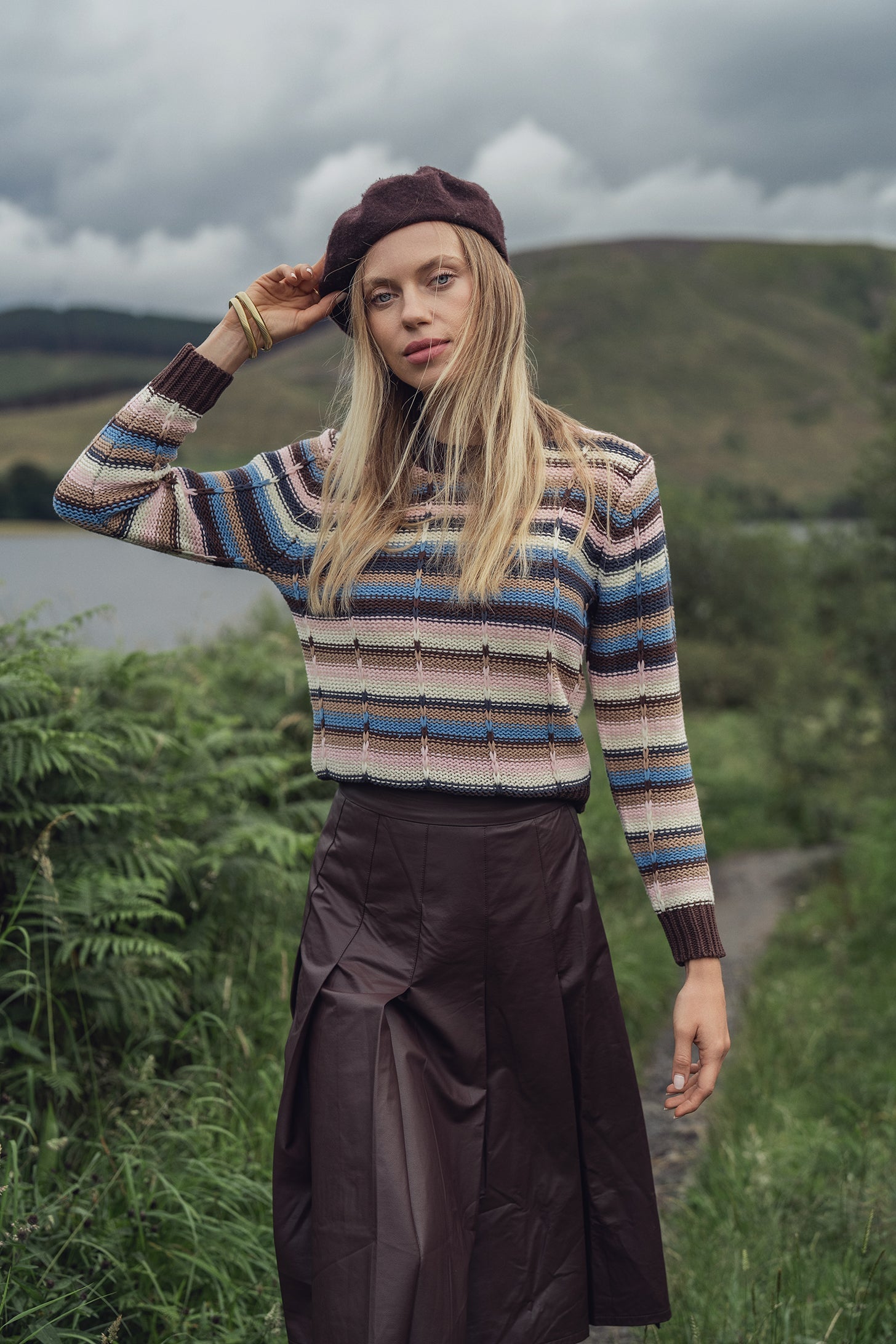 Overstitch Detail Striped Sweater-Brown