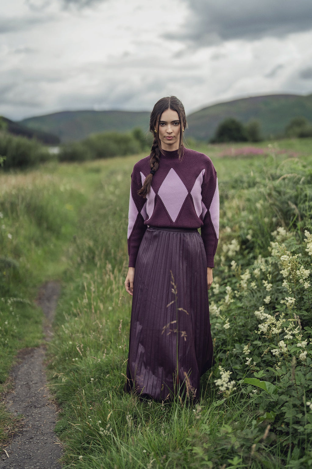 Accordion Pleated Faux Leather Skirt-Eggplant