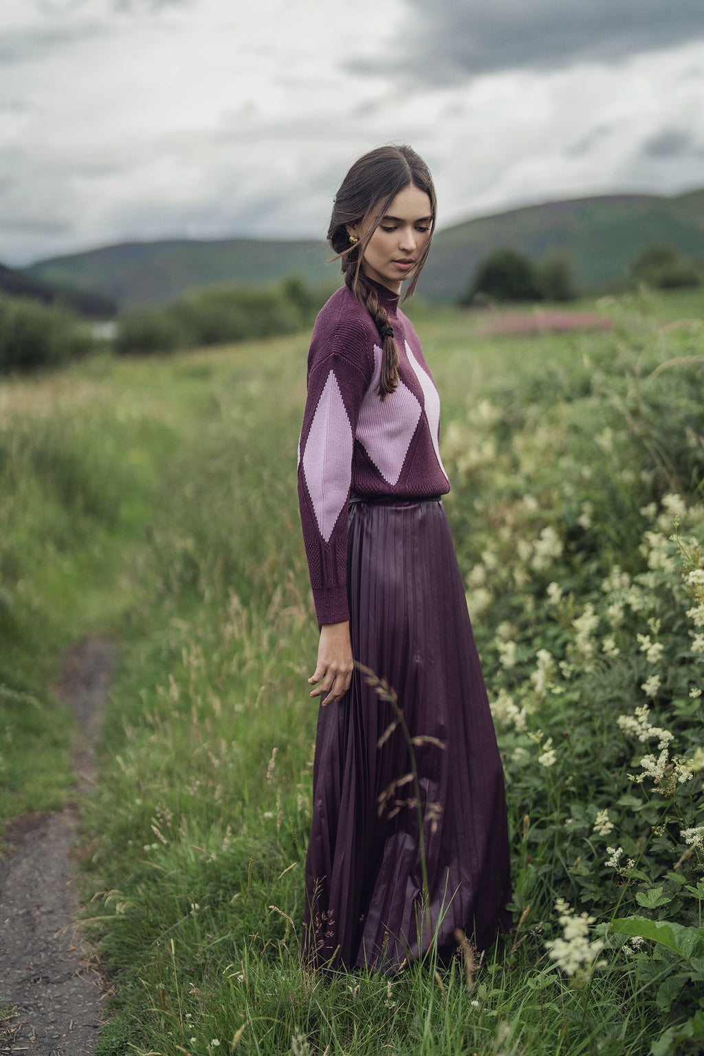 Accordion Pleated Faux Leather Skirt-Eggplant