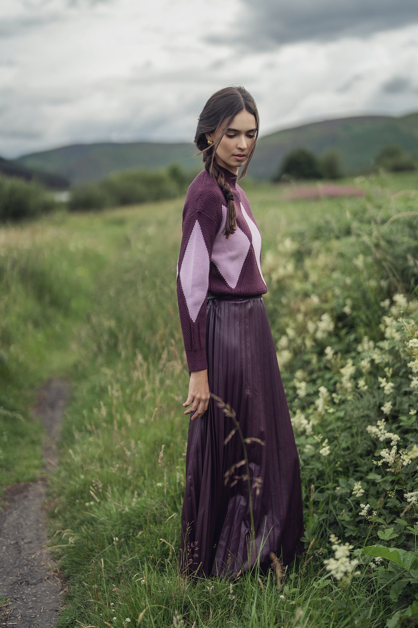 Accordion Pleated Faux Leather Skirt-Eggplant
